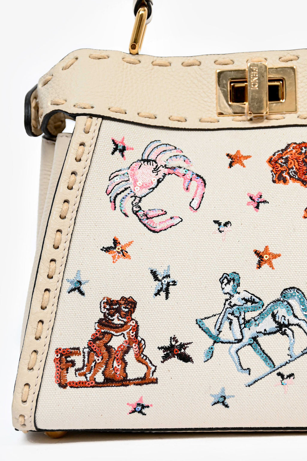 Fendi Cream Leather Astrology Embroidered Canvas Mini Peekaboo Top Handle