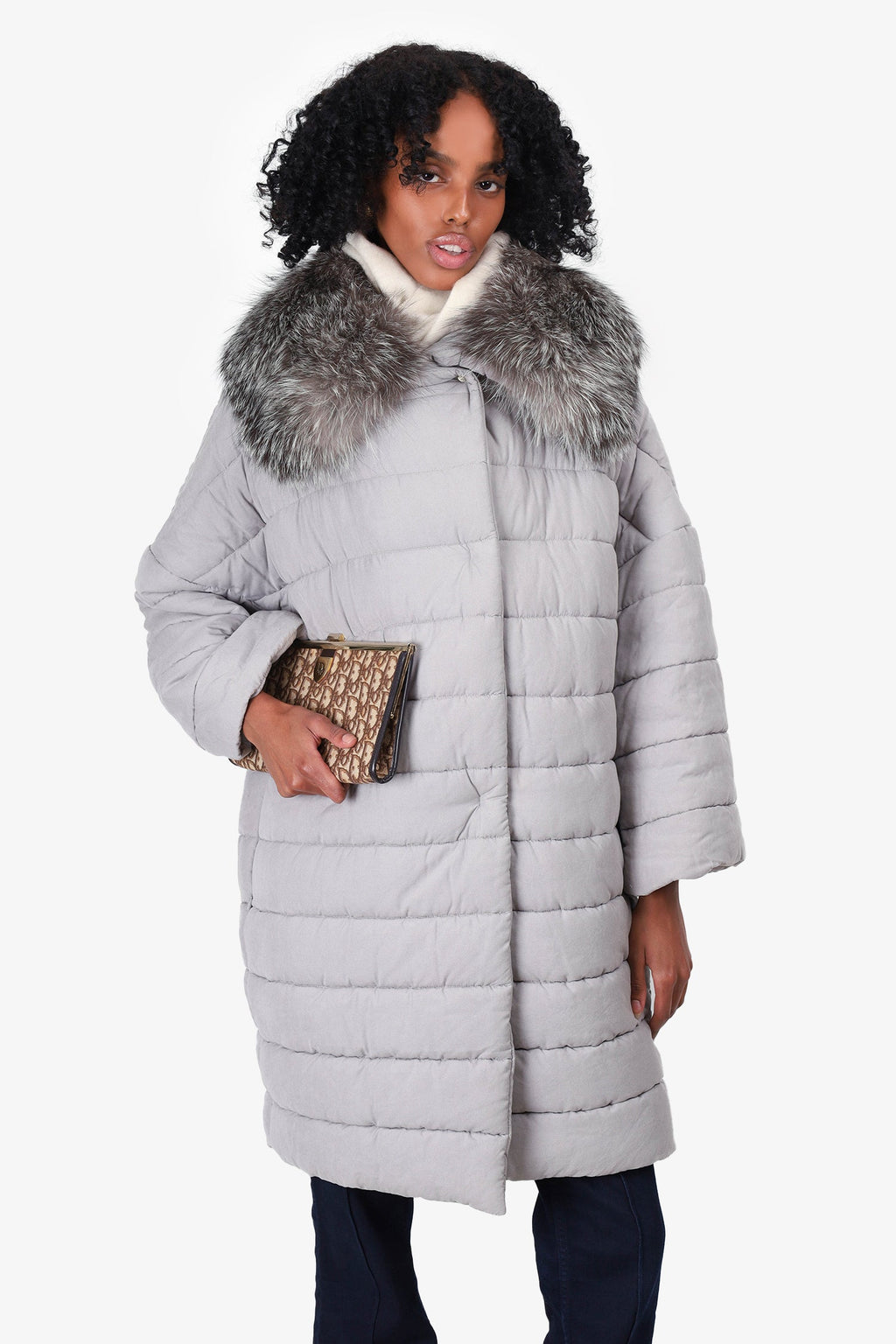 Max Mara Grey Long Puffer Jacket with Fur Collar Size 4
