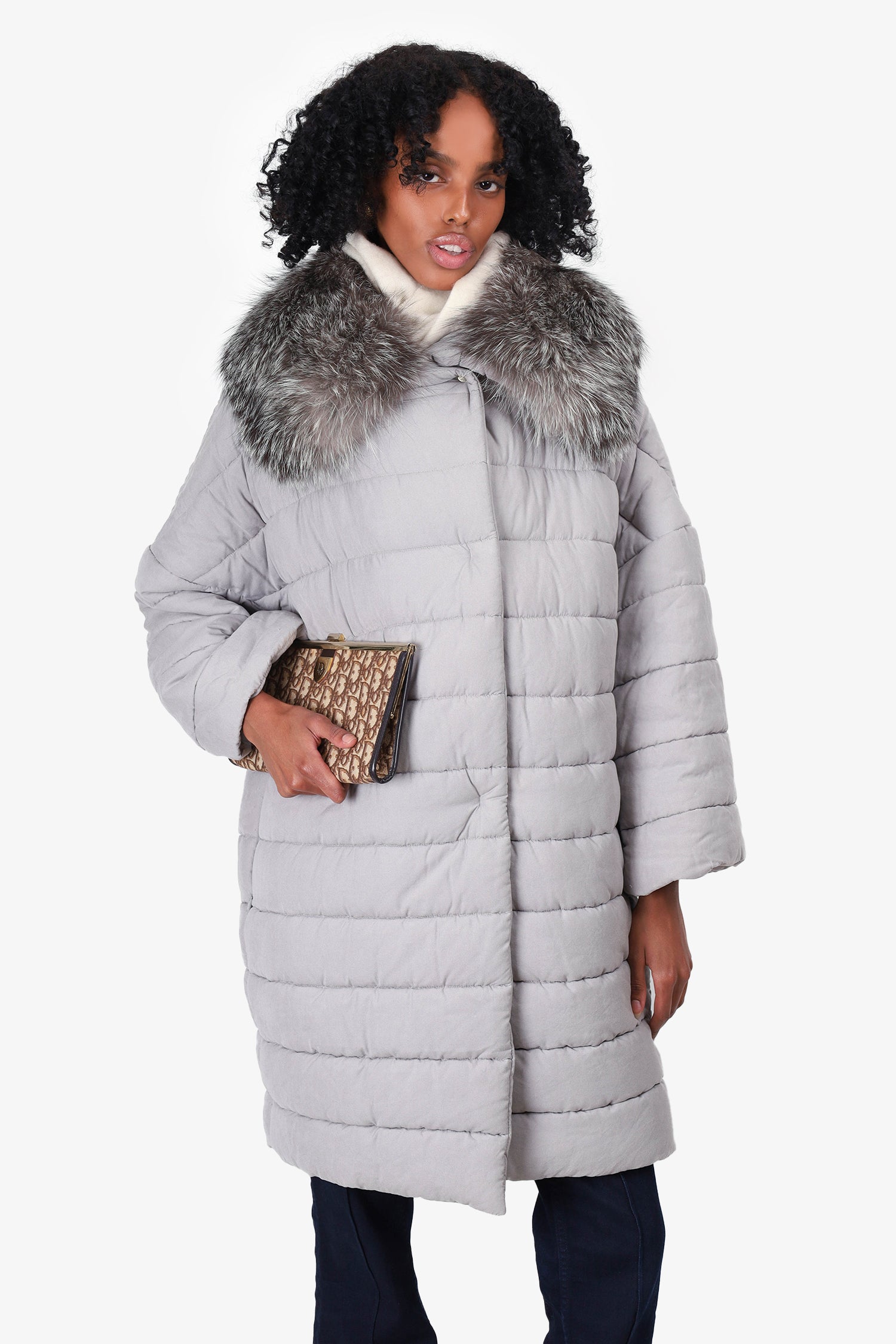 Max Mara Grey Long Puffer Jacket with Fur Collar Size 4