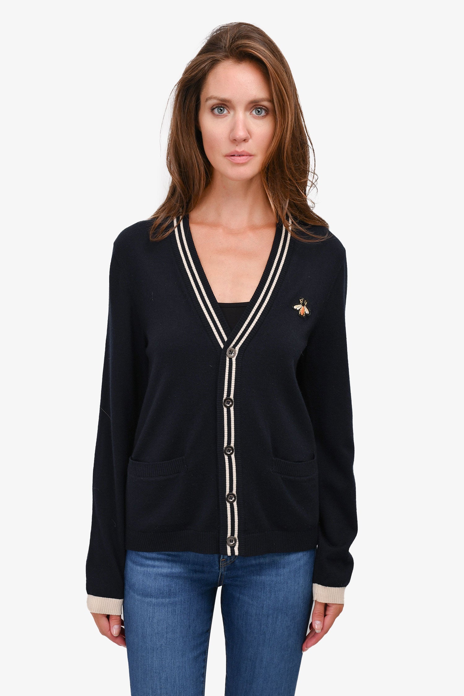 Gucci Navy Wool Striped Bee Embroidered igan Size S