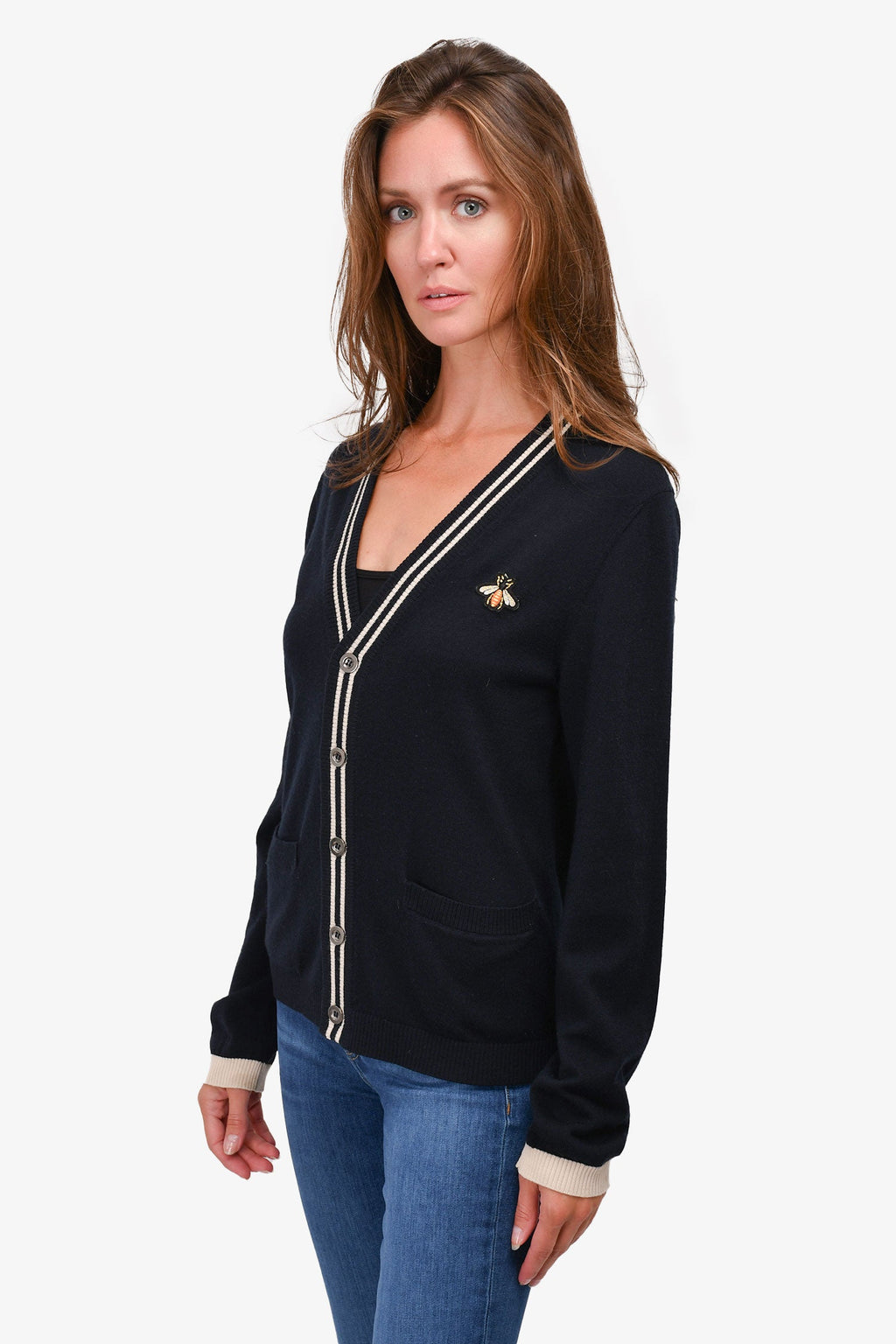 Gucci Navy Wool Striped Bee Embroidered igan Size S