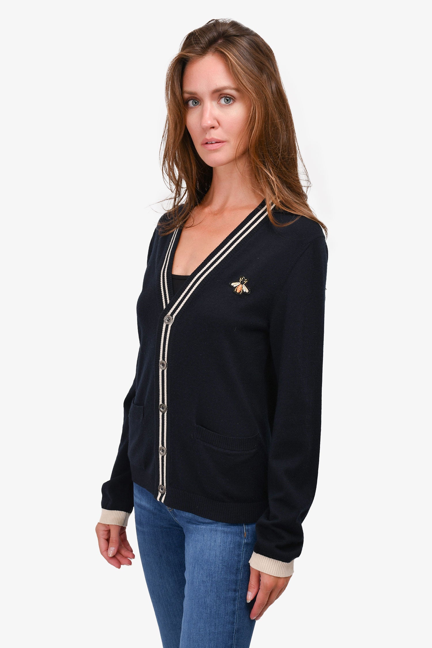 Gucci Navy Wool Striped Bee Embroidered igan Size S