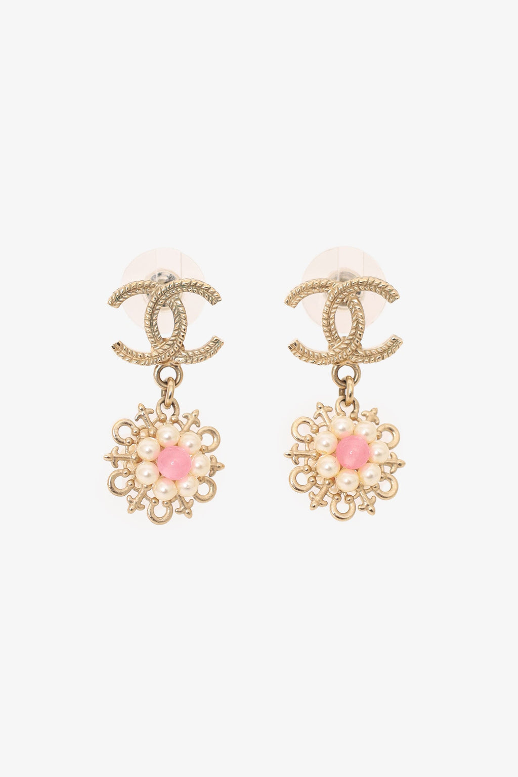 Pre-Loved Chanel™ 2016 Gold-Tone/Pink CC Flower Drop Earrings
