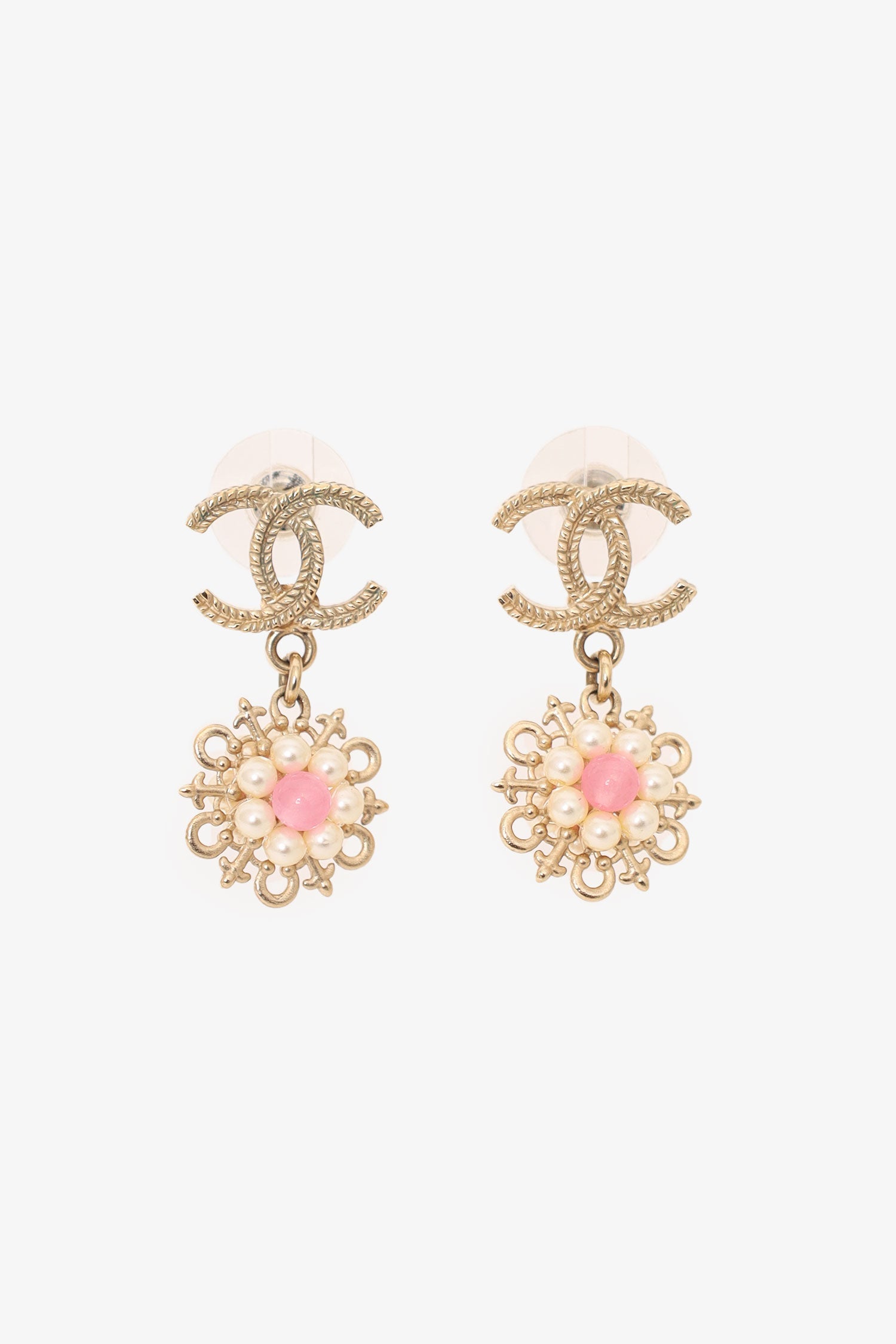 Pre-Loved Chanel™ 2016 Gold-Tone/Pink CC Flower Drop Earrings