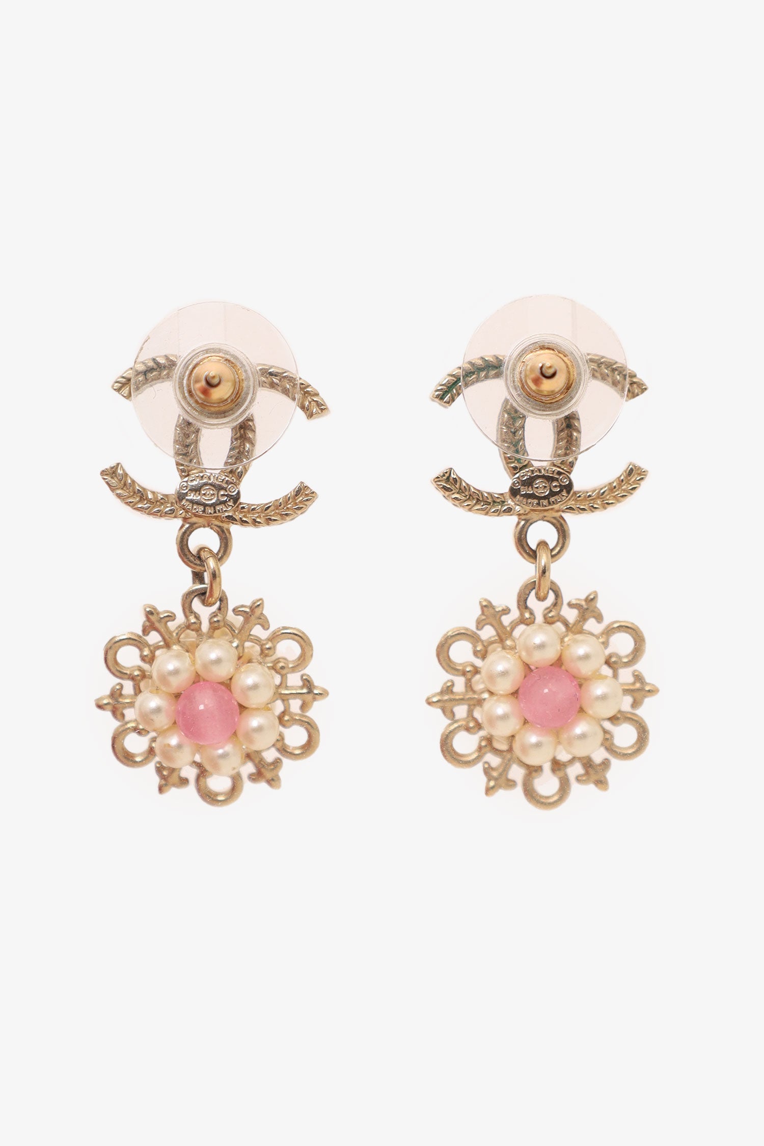 Pre-Loved Chanel™ 2016 Gold-Tone/Pink CC Flower Drop Earrings