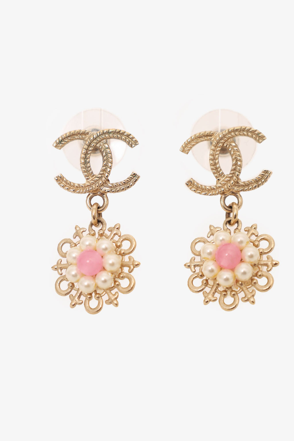 Pre-Loved Chanel™ 2016 Gold-Tone/Pink CC Flower Drop Earrings