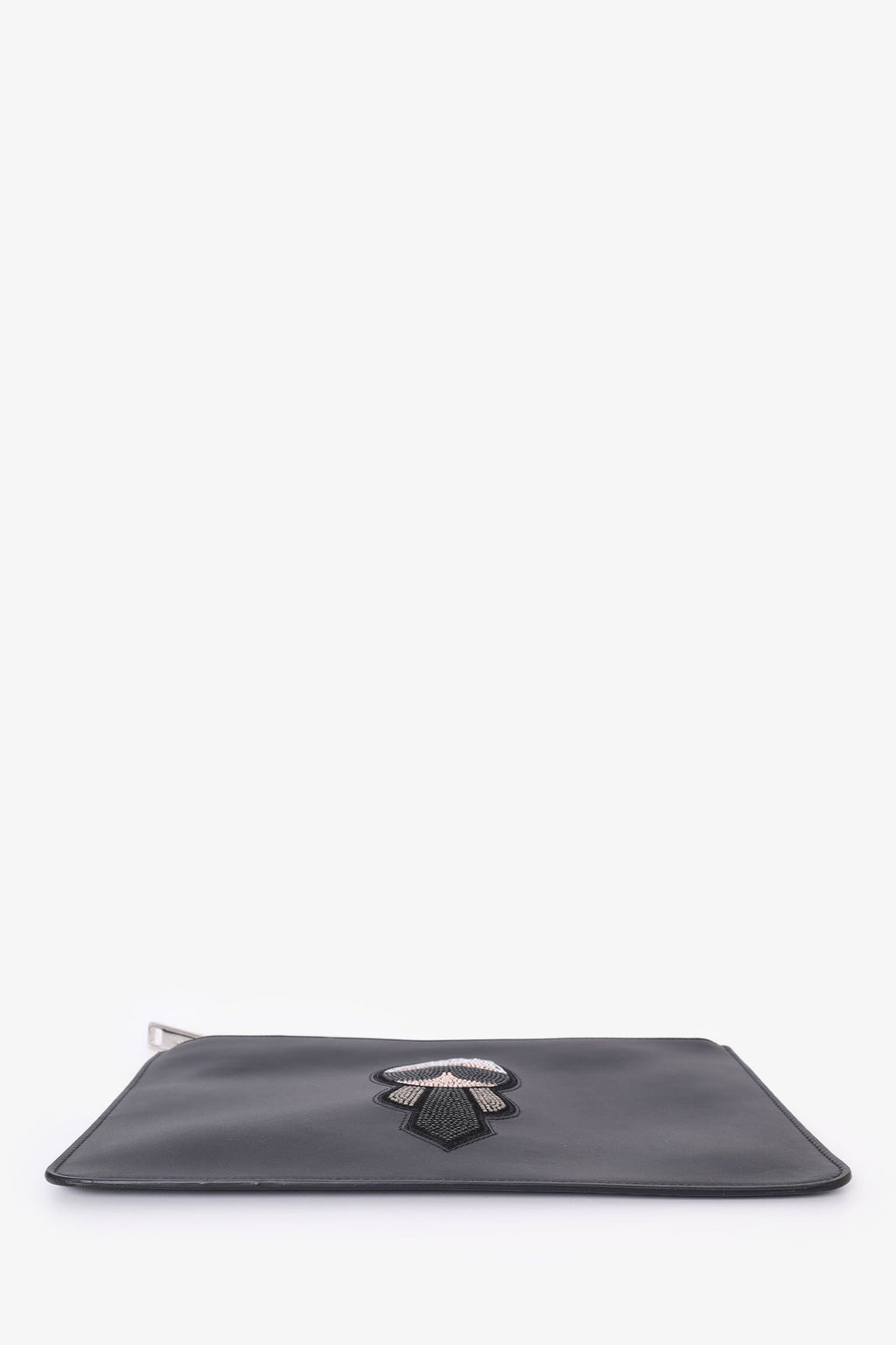 Fendi Black Calfskin Crystal  Embroidery Karlito Zip Pouch