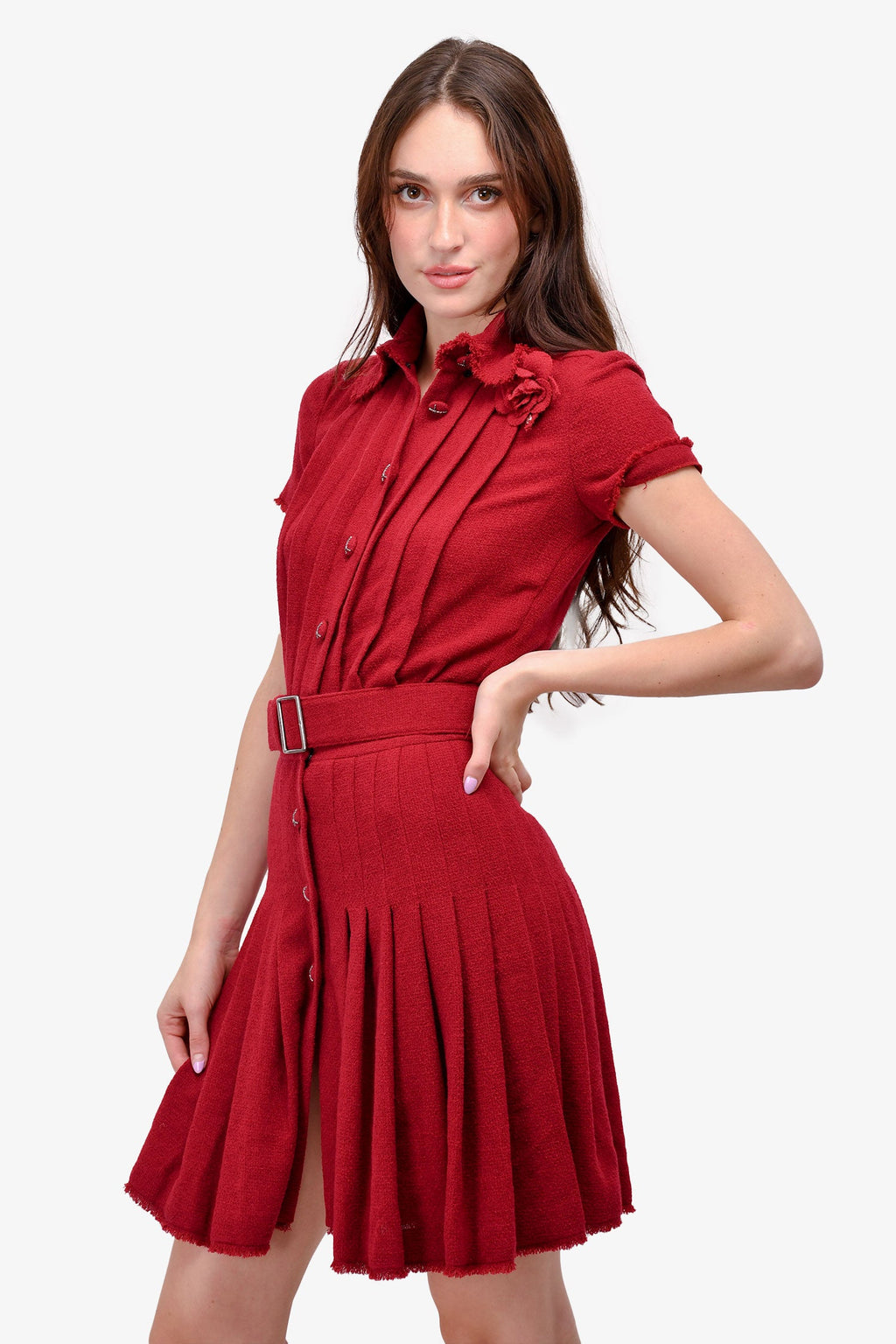 Pre-Loved Chanel™ Autumn 2007 Red Wool Blend Pleated Belted Dress with Removable Camellia Size 36
