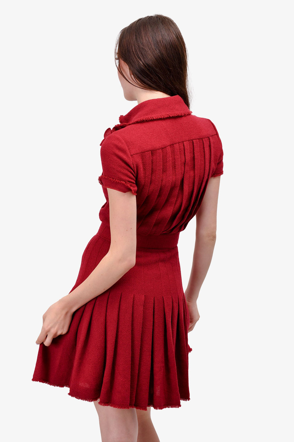 Pre-Loved Chanel™ Autumn 2007 Red Wool Blend Pleated Belted Dress with Removable Camellia Size 36
