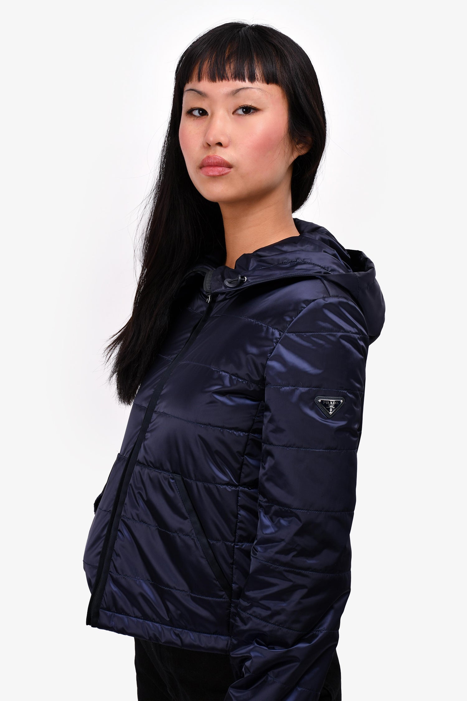 Prada Navy Nylon Quilted Hooded Jacket Size 38