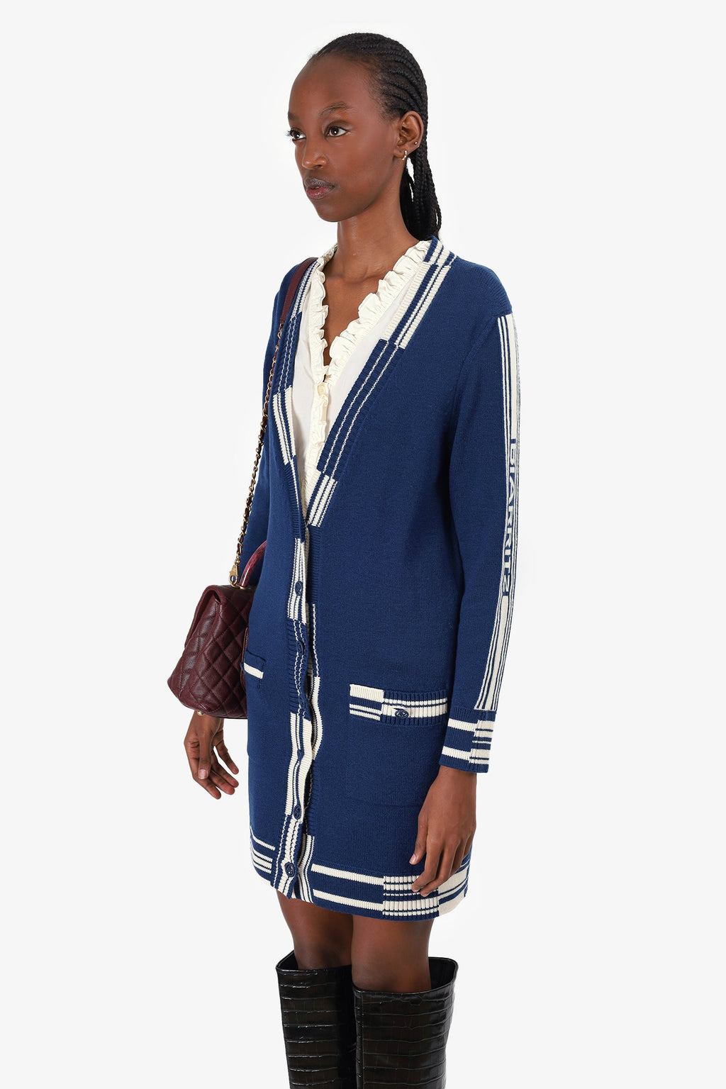 Pre-Loved Chanel™ Blue/White Cashmere Knitted igan Size 34