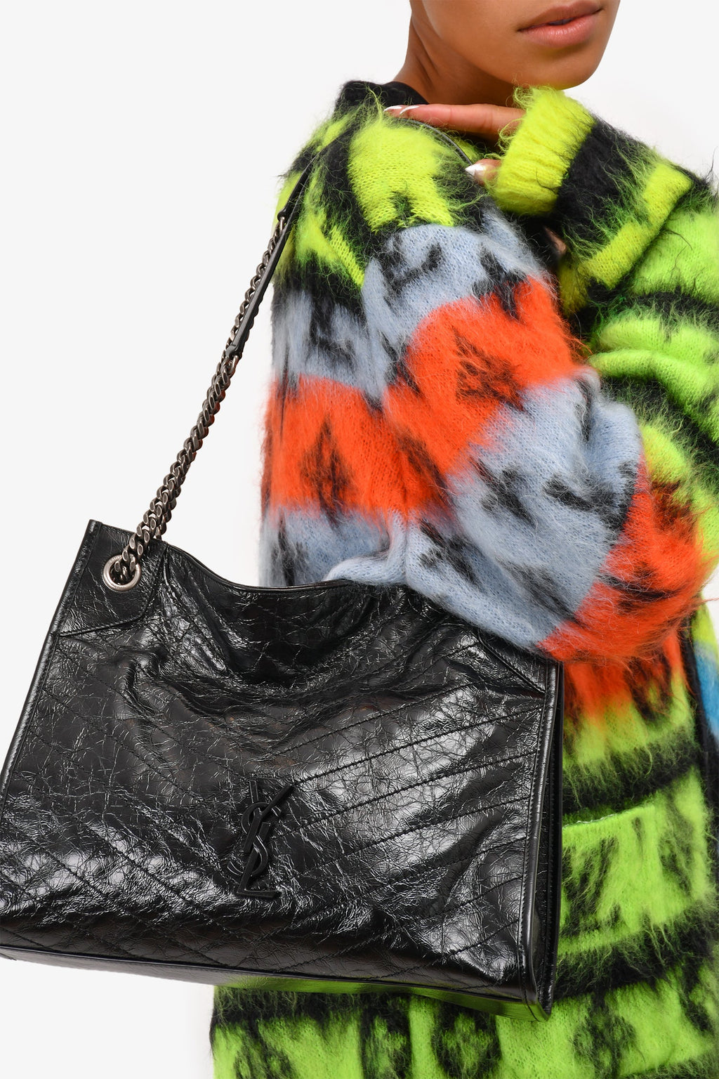 Saint Laurent Black Crinkled Leather Large 'Niki' Shoulder Bag