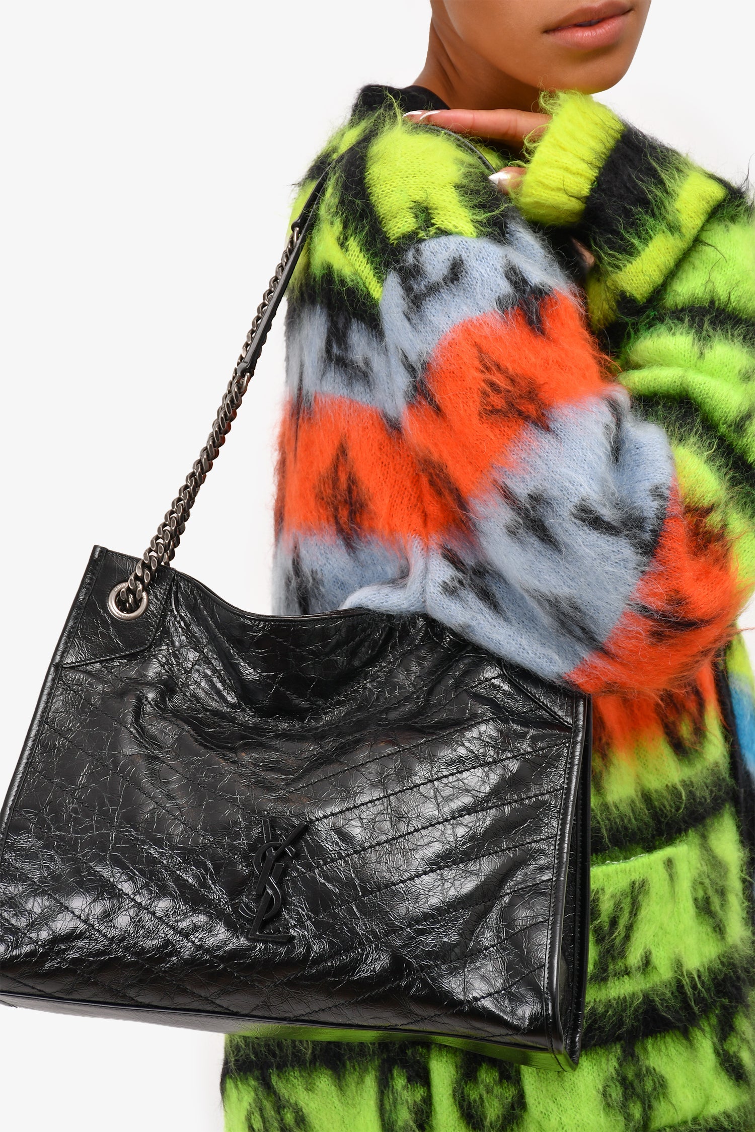 Saint Laurent Black Crinkled Leather Large 'Niki' Shoulder Bag