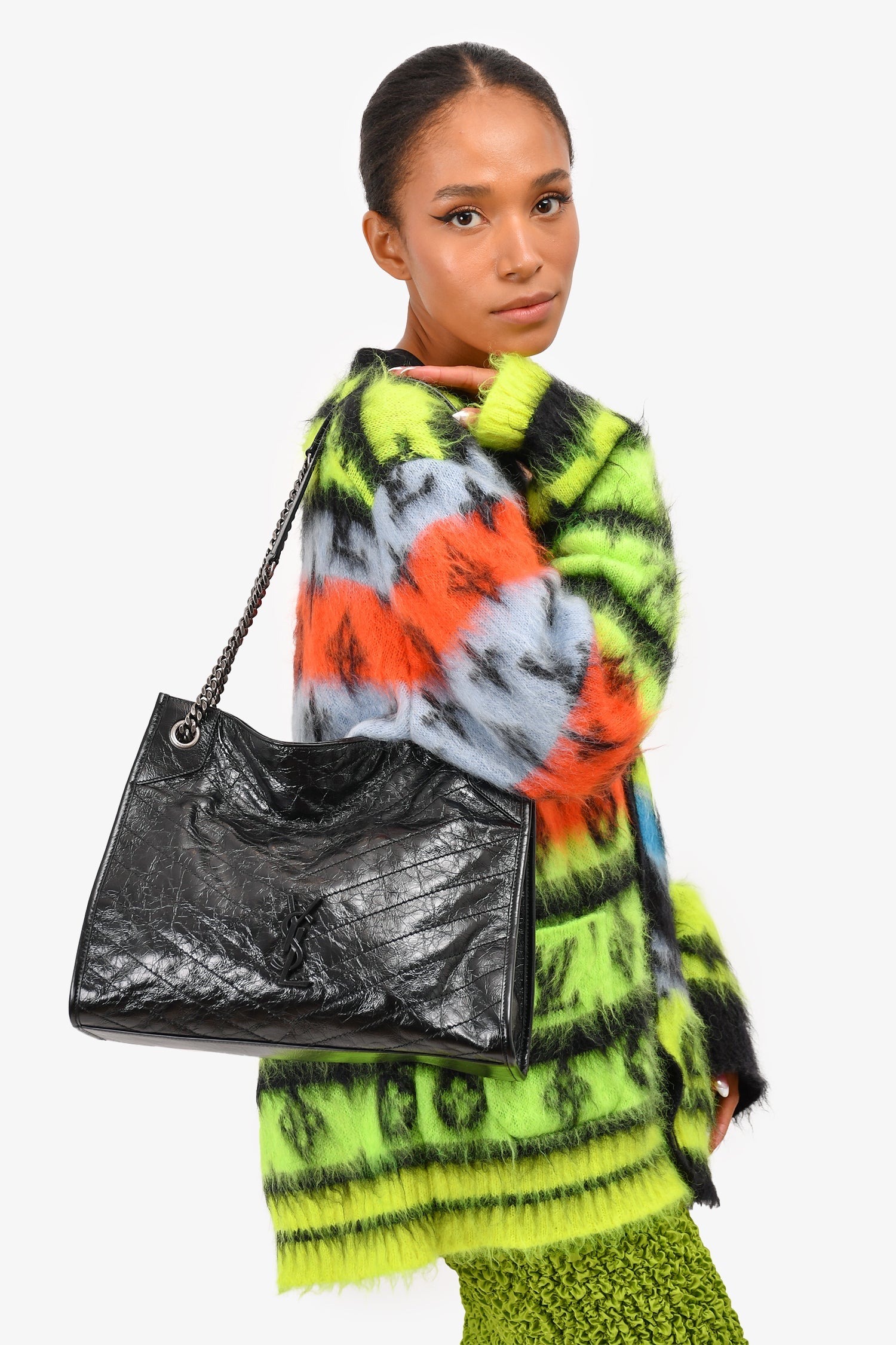 Saint Laurent Black Crinkled Leather Large 'Niki' Shoulder Bag