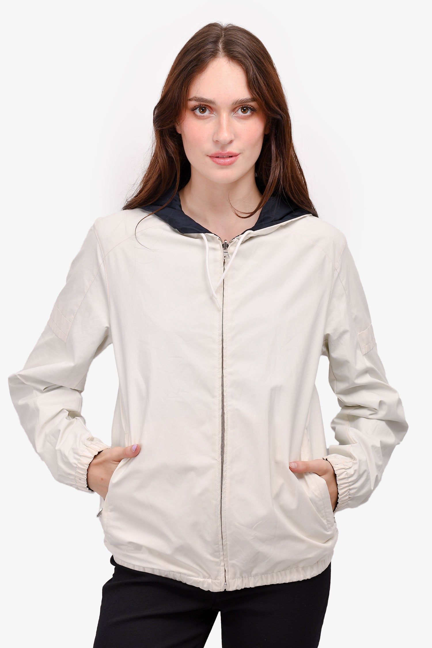 Prada White/Navy Nylon Reversible Hooded Jacket Size 48 Mens