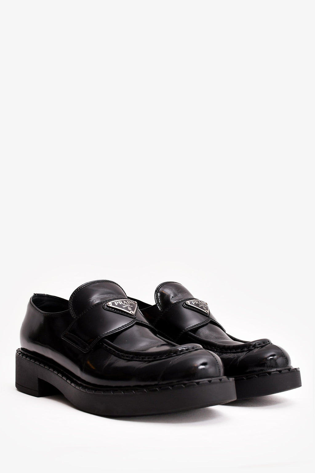 Prada Black Shiny Leather Plaque Loafers Size 40
