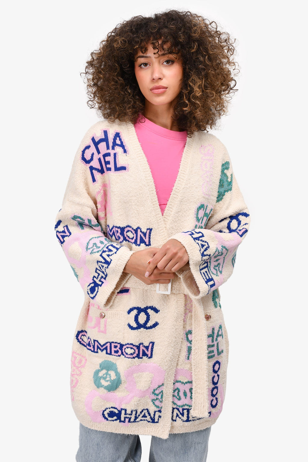 Pre-Loved Chanel™ 2023 Cream/Multicoloured Logo igan with Belt Size 42