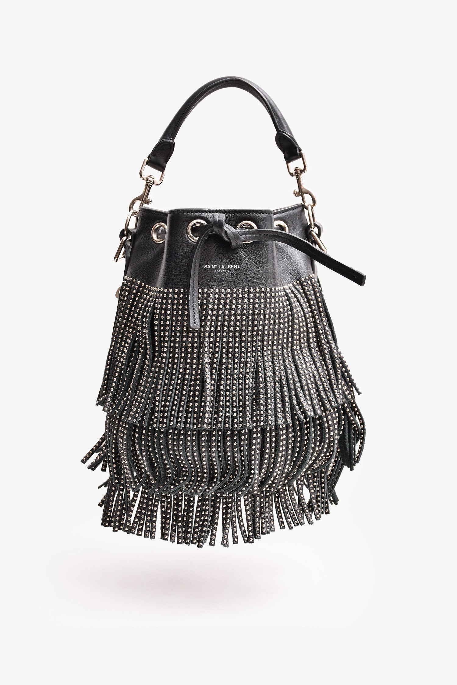 Saint Laurent Black/Silver Leather Fringe Bucket Bag
