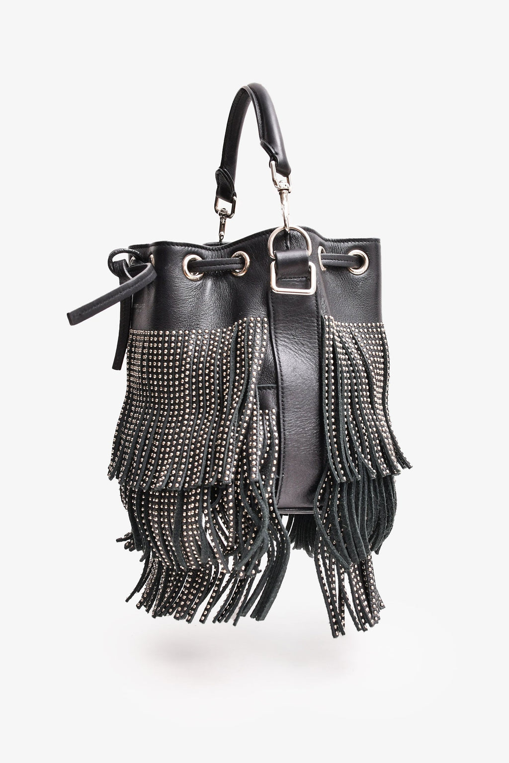 Saint Laurent Black/Silver Leather Fringe Bucket Bag