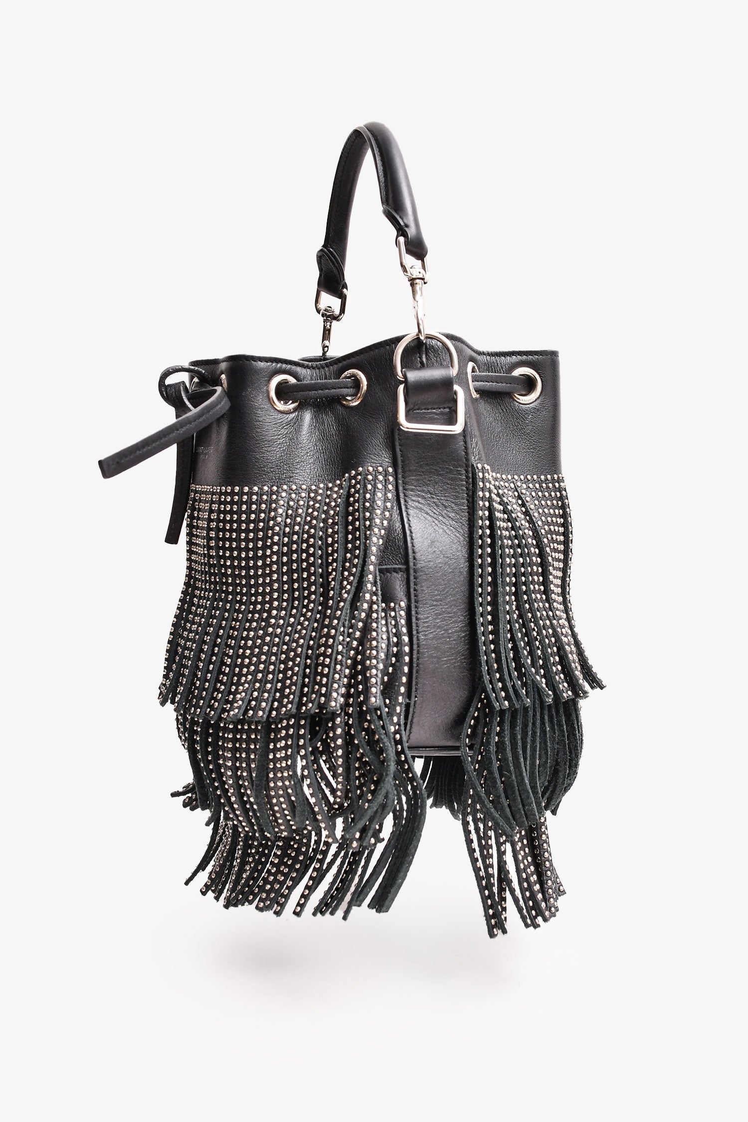 Saint Laurent Black/Silver Leather Fringe Bucket Bag