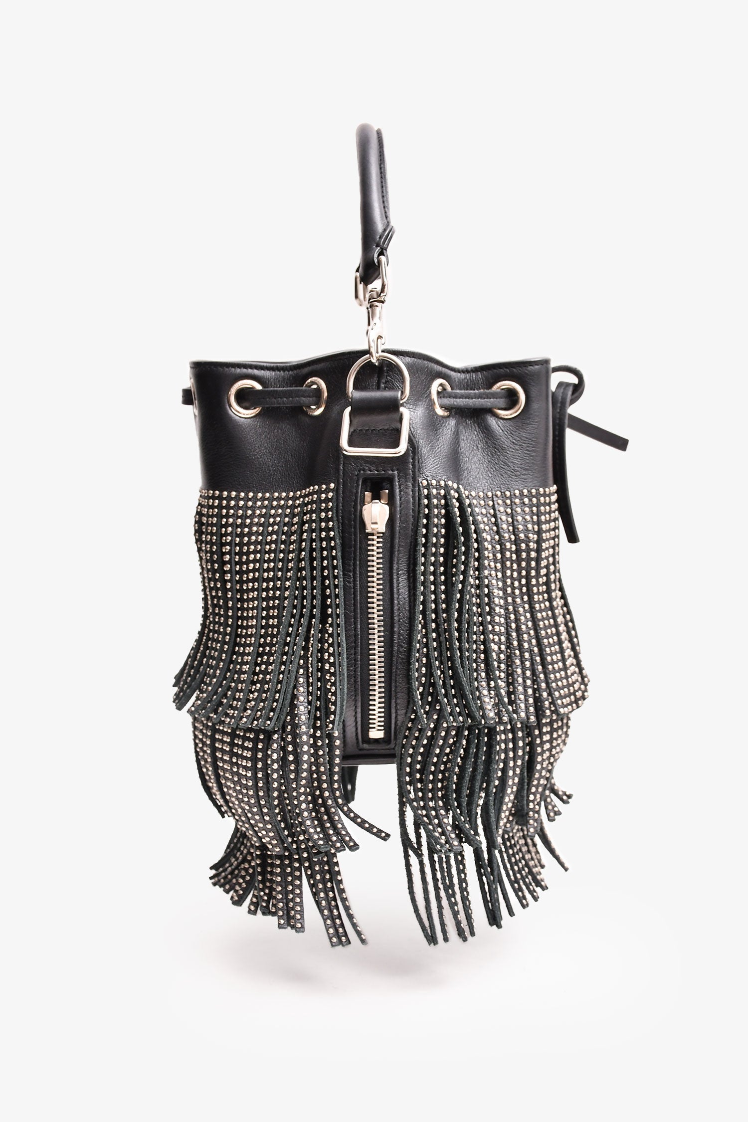 Saint Laurent Black/Silver Leather Fringe Bucket Bag