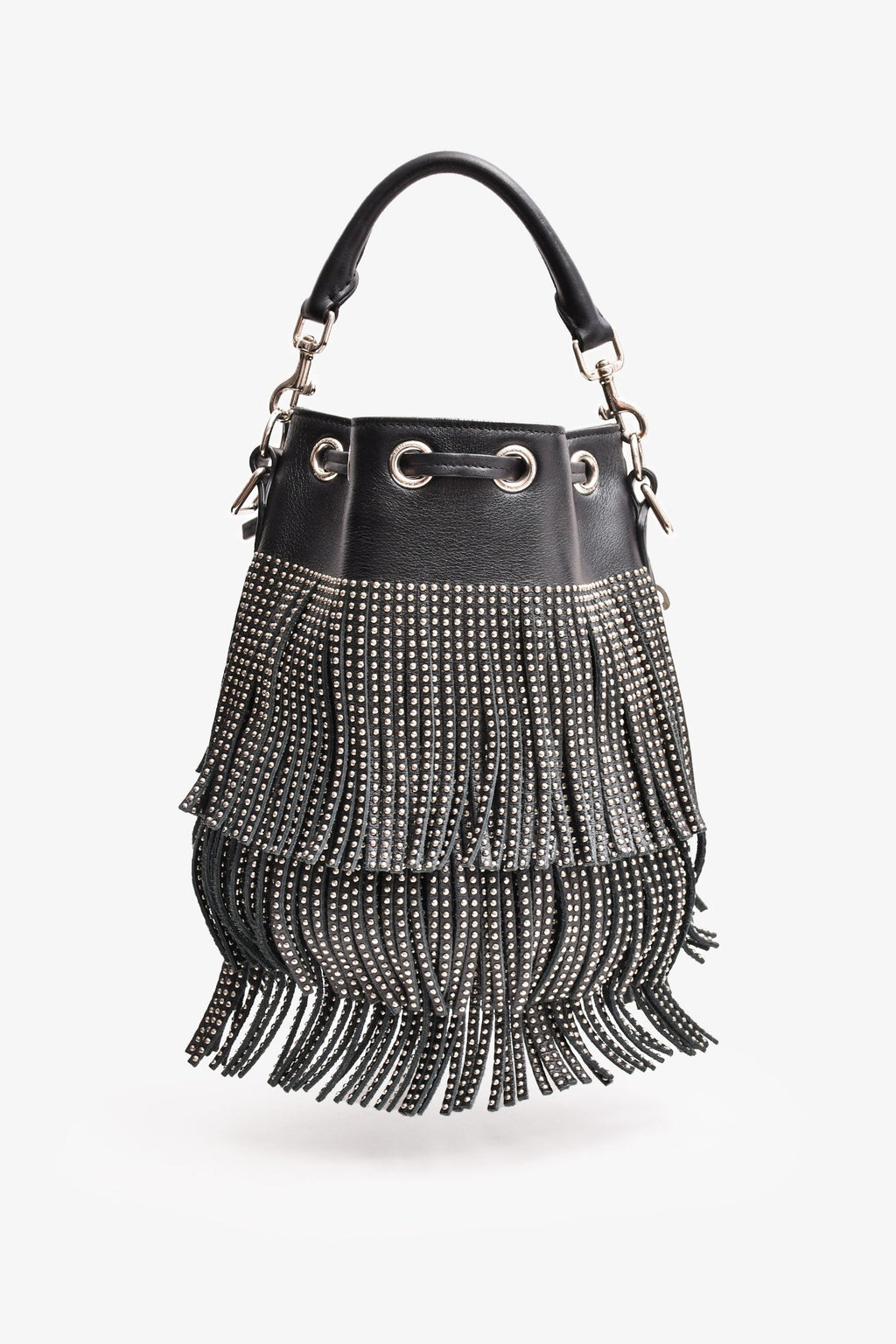 Saint Laurent Black/Silver Leather Fringe Bucket Bag