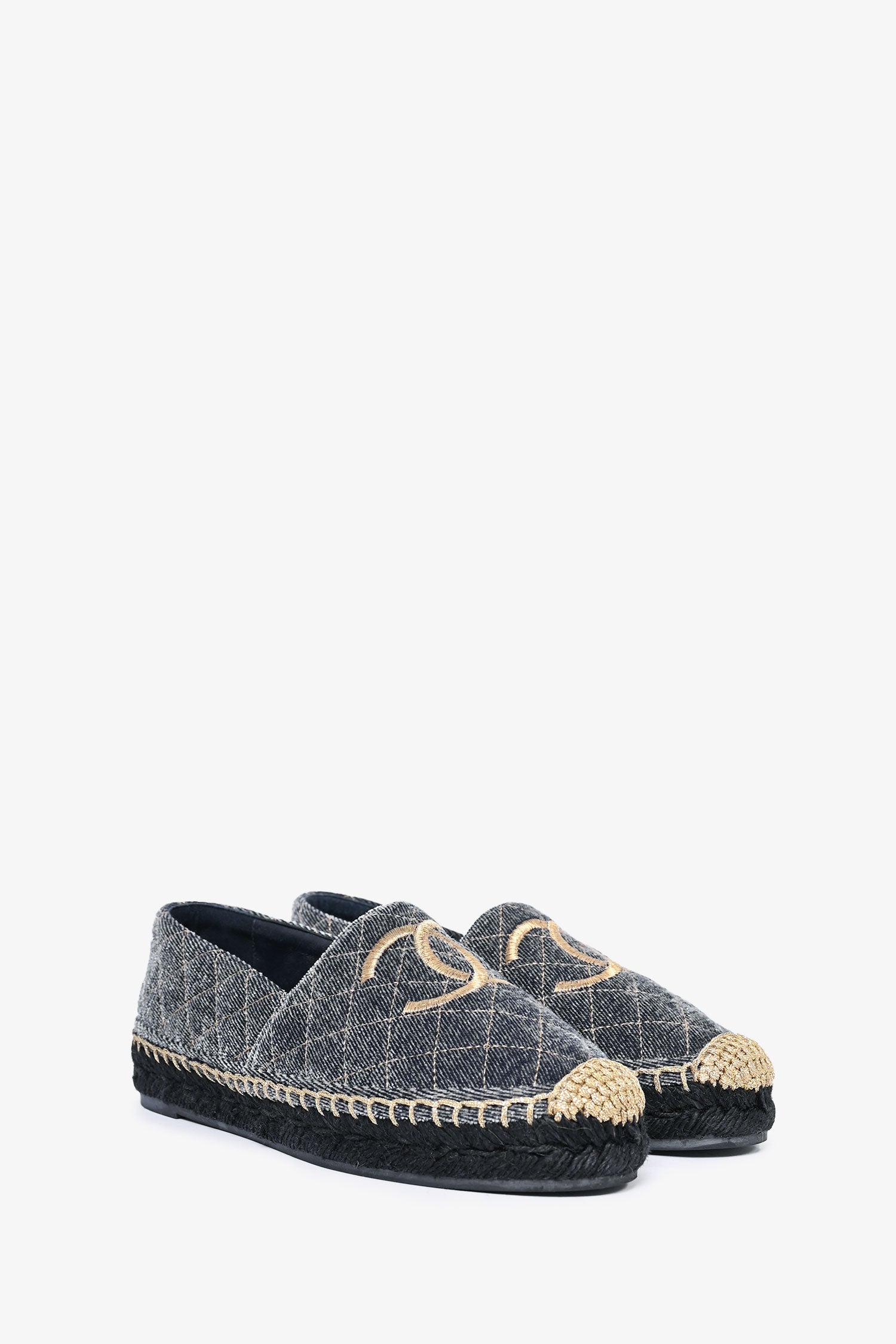 Pre-Loved Chanel™ Blue/Gold Velvet CC Espadrilles Size 38