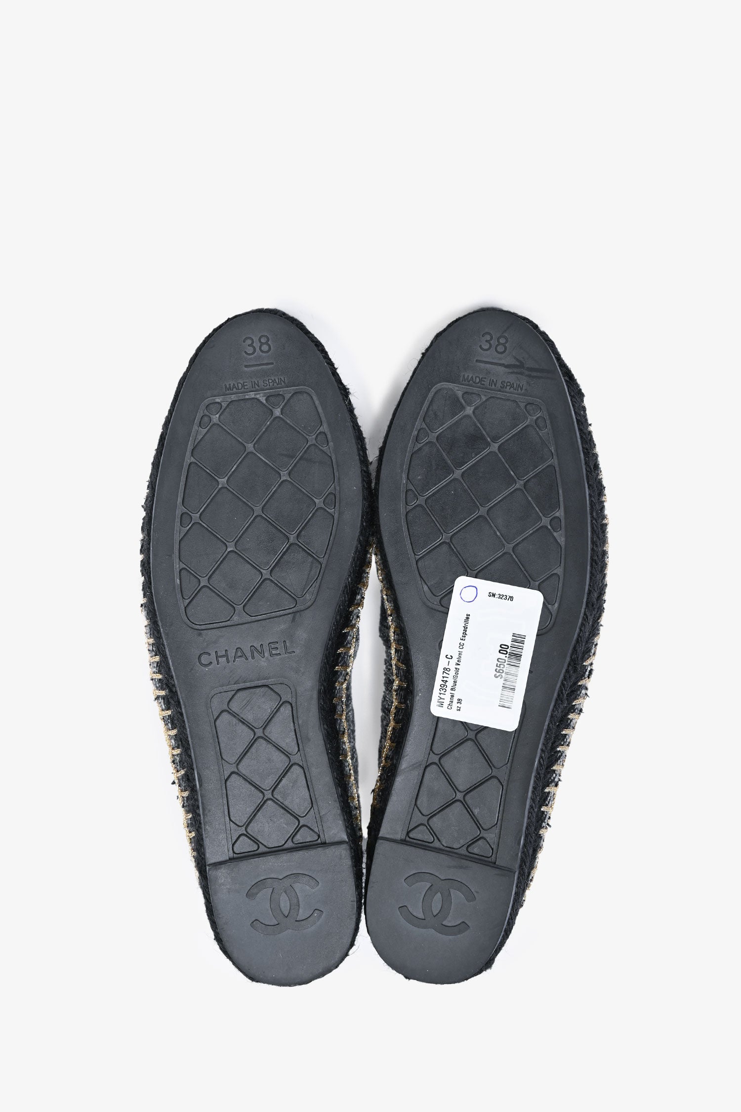 Pre-Loved Chanel™ Blue/Gold Velvet CC Espadrilles Size 38
