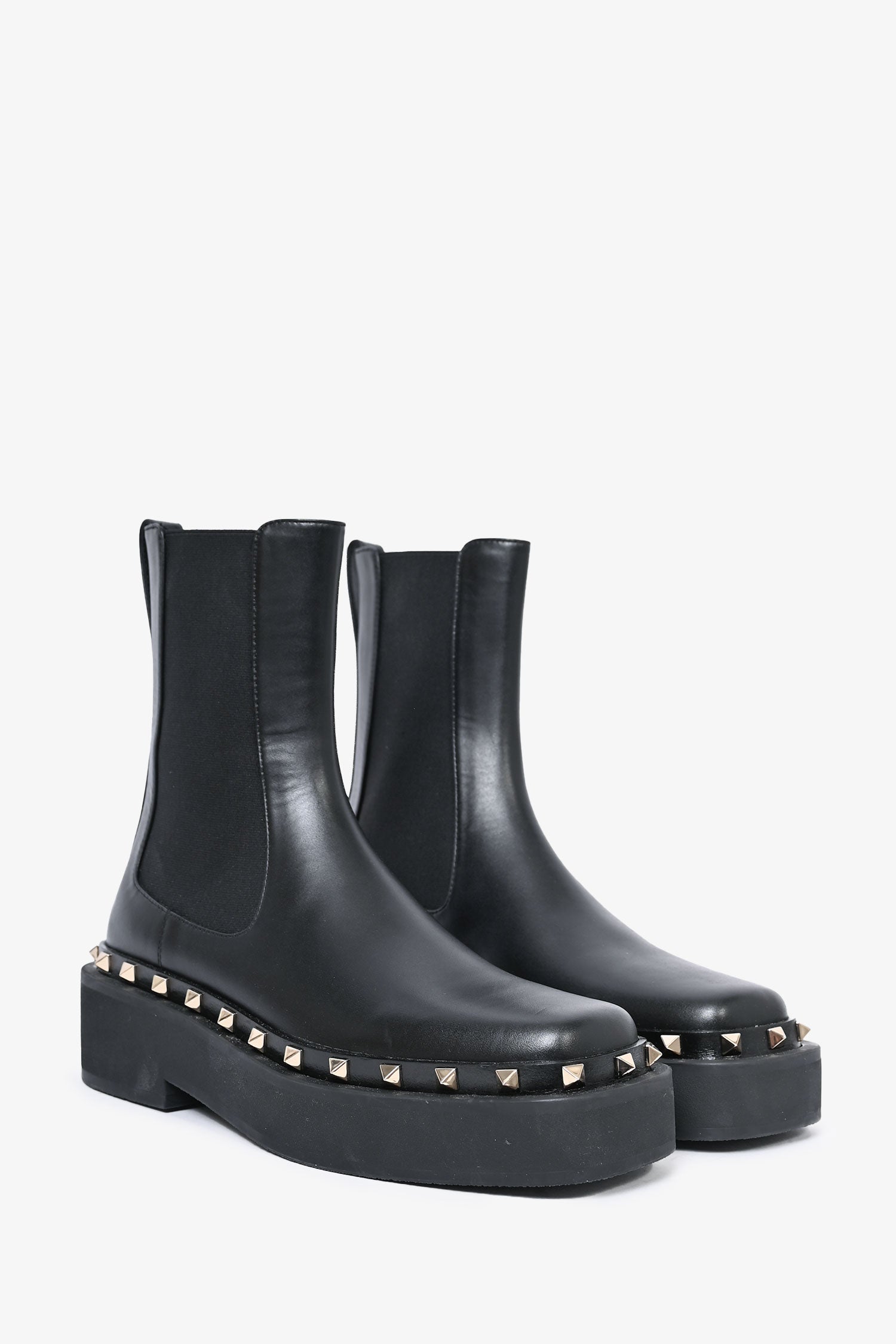 Valentino Black Leather Rockstud Square Toe Chelsea Boots Size 37.5