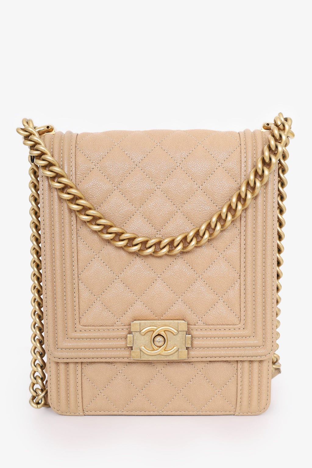 Pre-Loved Chanel™ 2019  Beige Caviar Quilted North South Boy Flap Bag