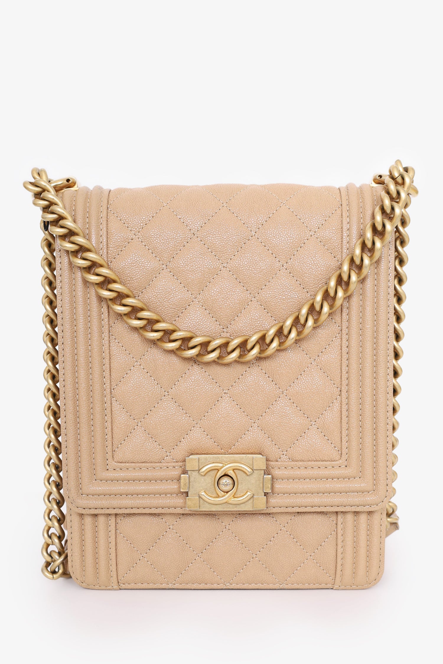 Pre-Loved Chanel™ 2019  Beige Caviar Quilted North South Boy Flap Bag