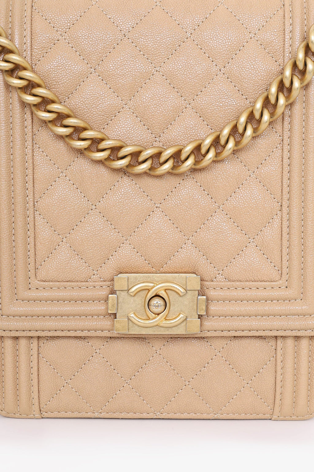 Pre-Loved Chanel™ 2019  Beige Caviar Quilted North South Boy Flap Bag