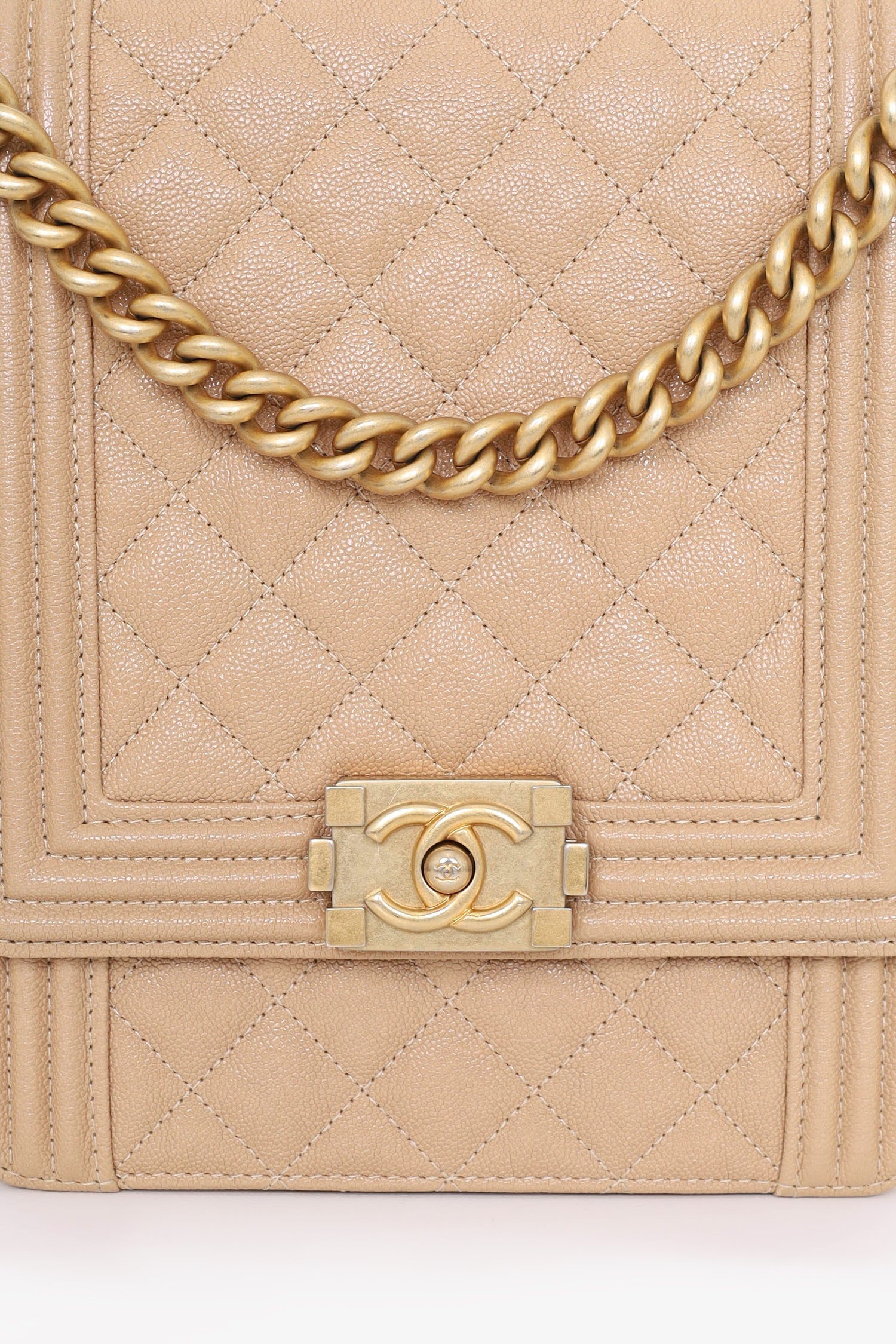 Pre-Loved Chanel™ 2019  Beige Caviar Quilted North South Boy Flap Bag