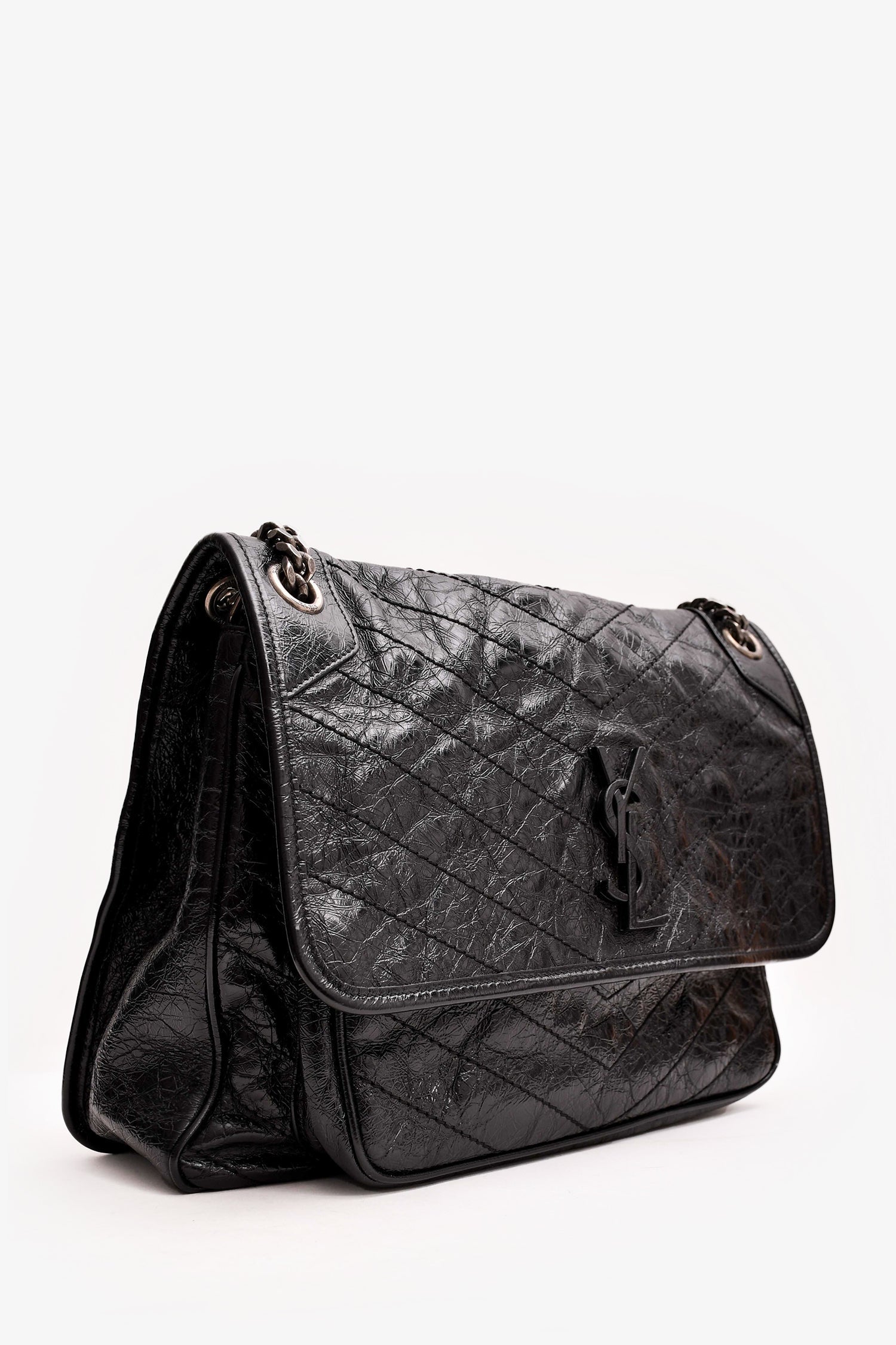 Saint Laurent Black Crinkled Leather 'Niki' Shoulder Bag