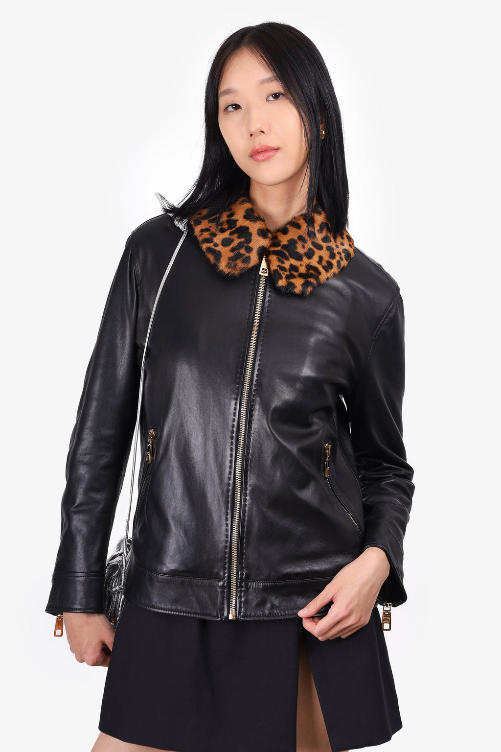 Dolce & Gabbana Black Lambskin Leopard Print Jacket Size 44