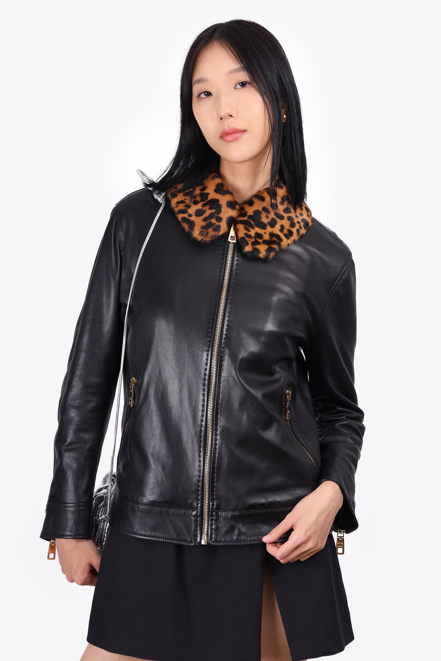 Dolce & Gabbana Black Lambskin Leopard Print Jacket Size 44
