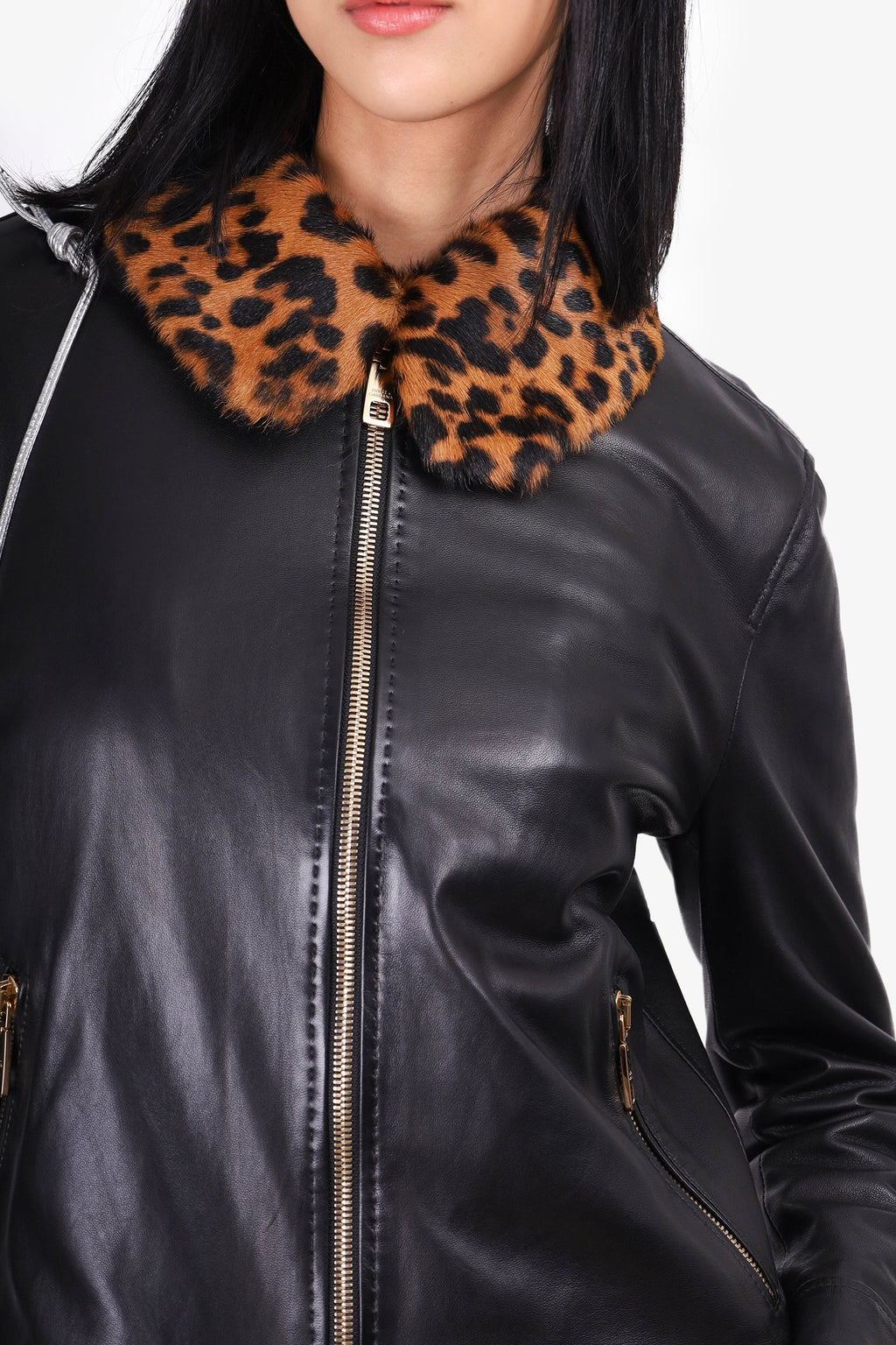 Dolce & Gabbana Black Lambskin Leopard Print Jacket Size 44