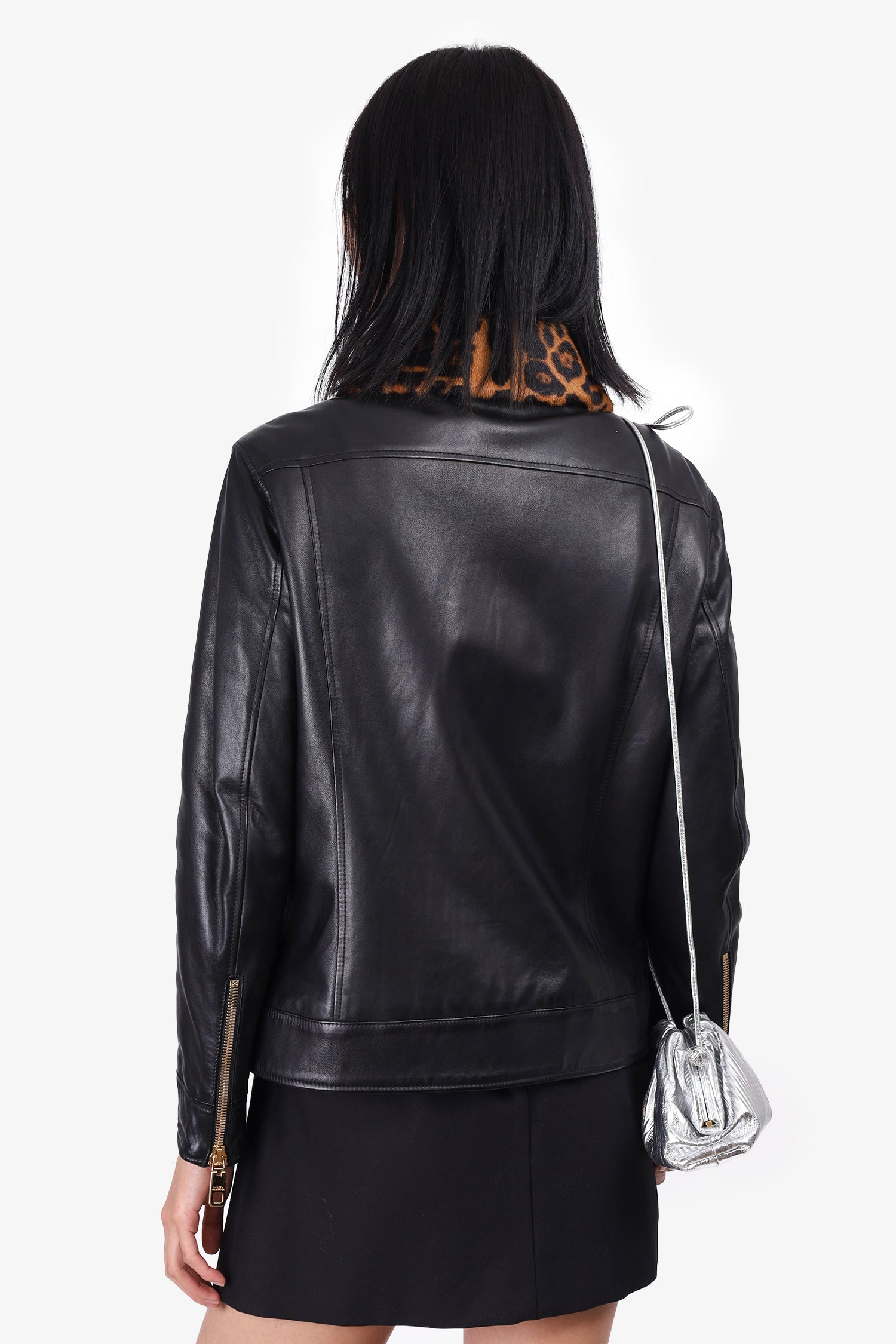 Dolce & Gabbana Black Lambskin Leopard Print Jacket Size 44
