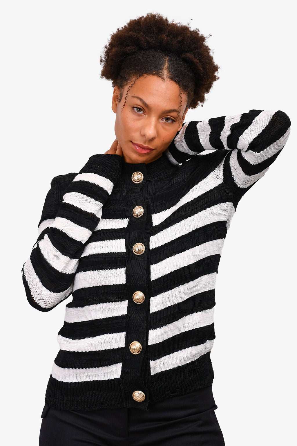 Balmain Black/White Striped Cotton Blend igan Size 38