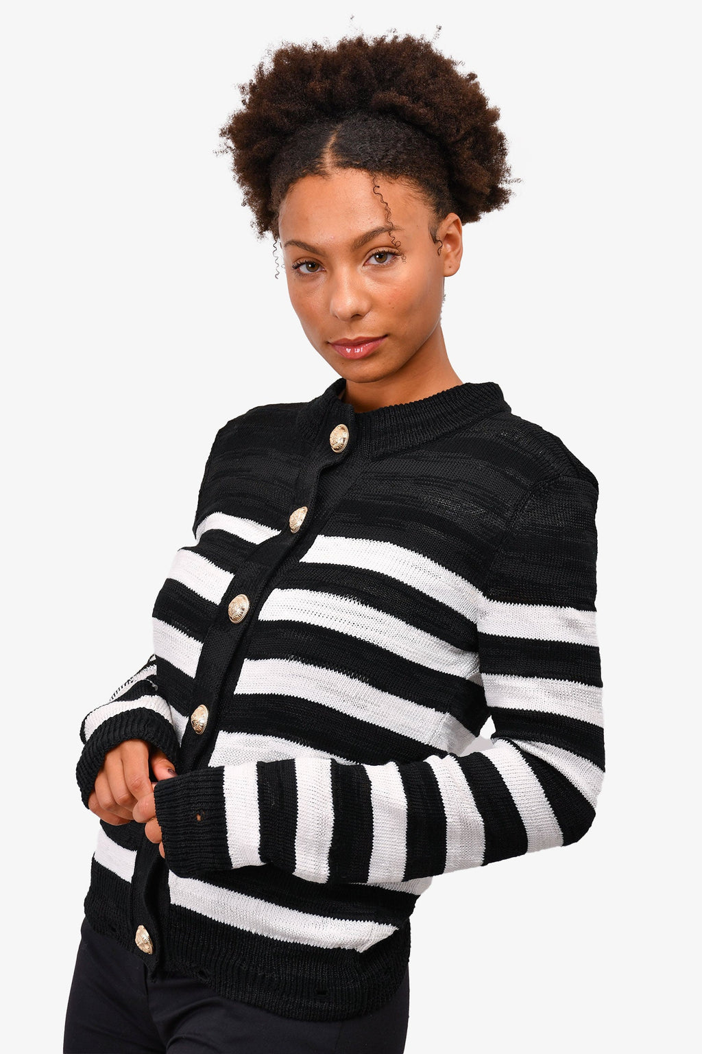 Balmain Black/White Striped Cotton Blend igan Size 38