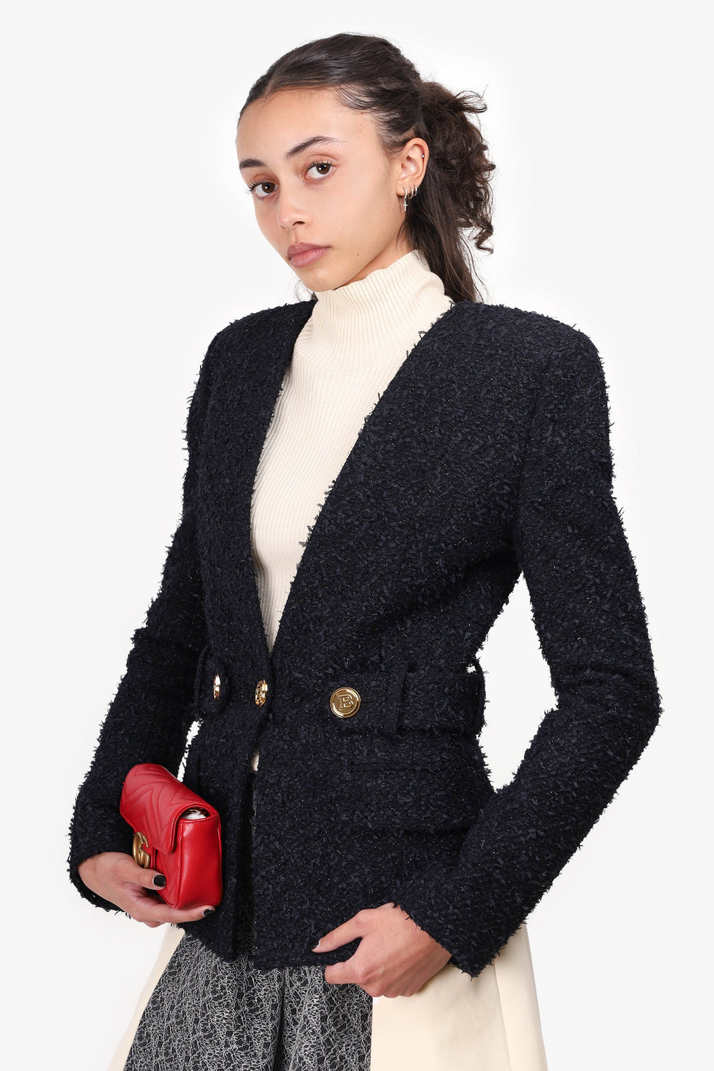 Balmain Black/Navy Tweed Gold Button Blazer Size 34