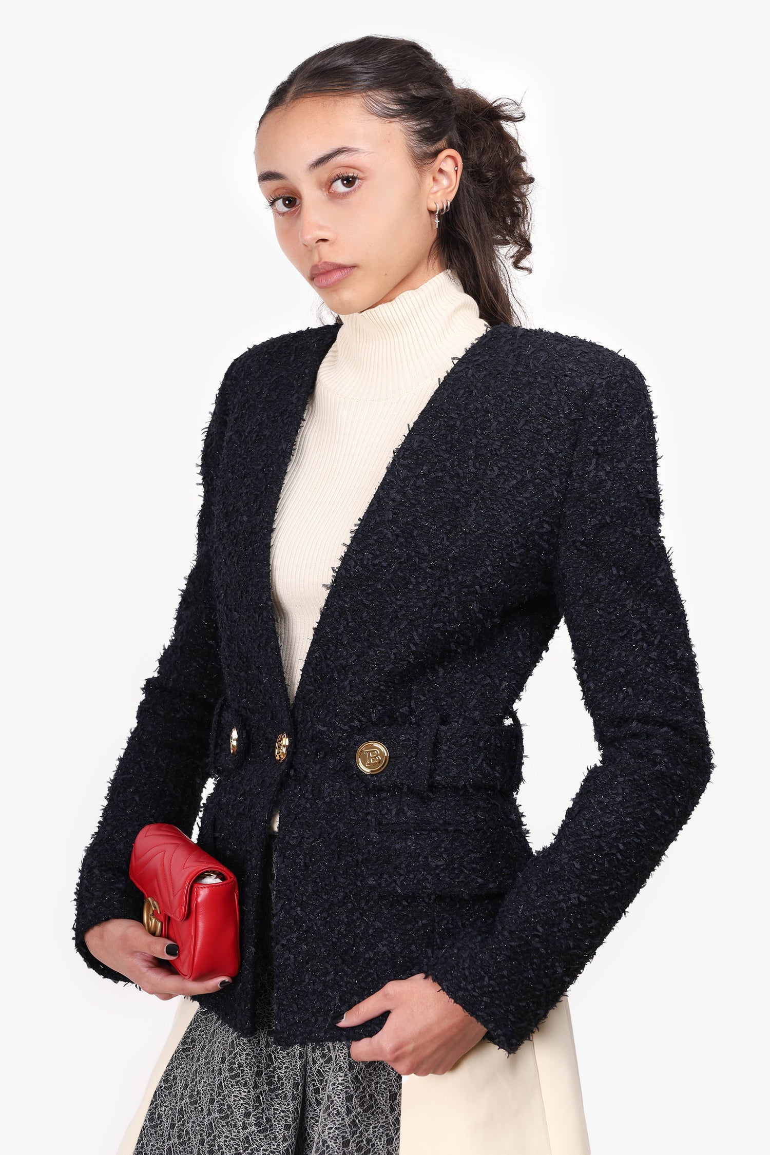Balmain Black/Navy Tweed Gold Button Blazer Size 34