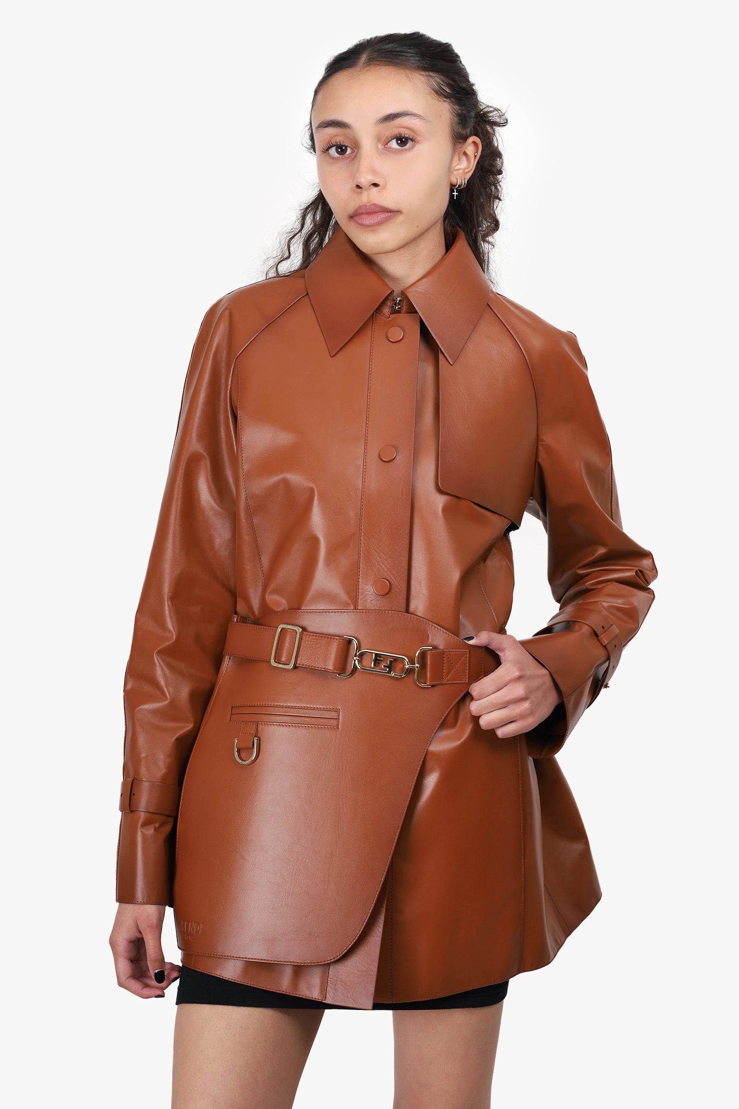Fendi Brown Leather Belted Trench Jacket Size 40
