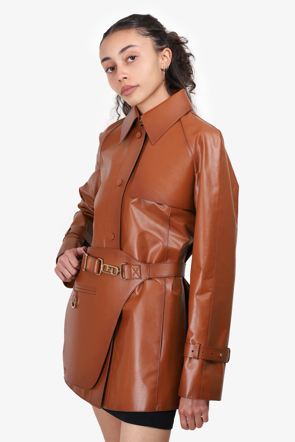 Fendi Brown Leather Belted Trench Jacket Size 40