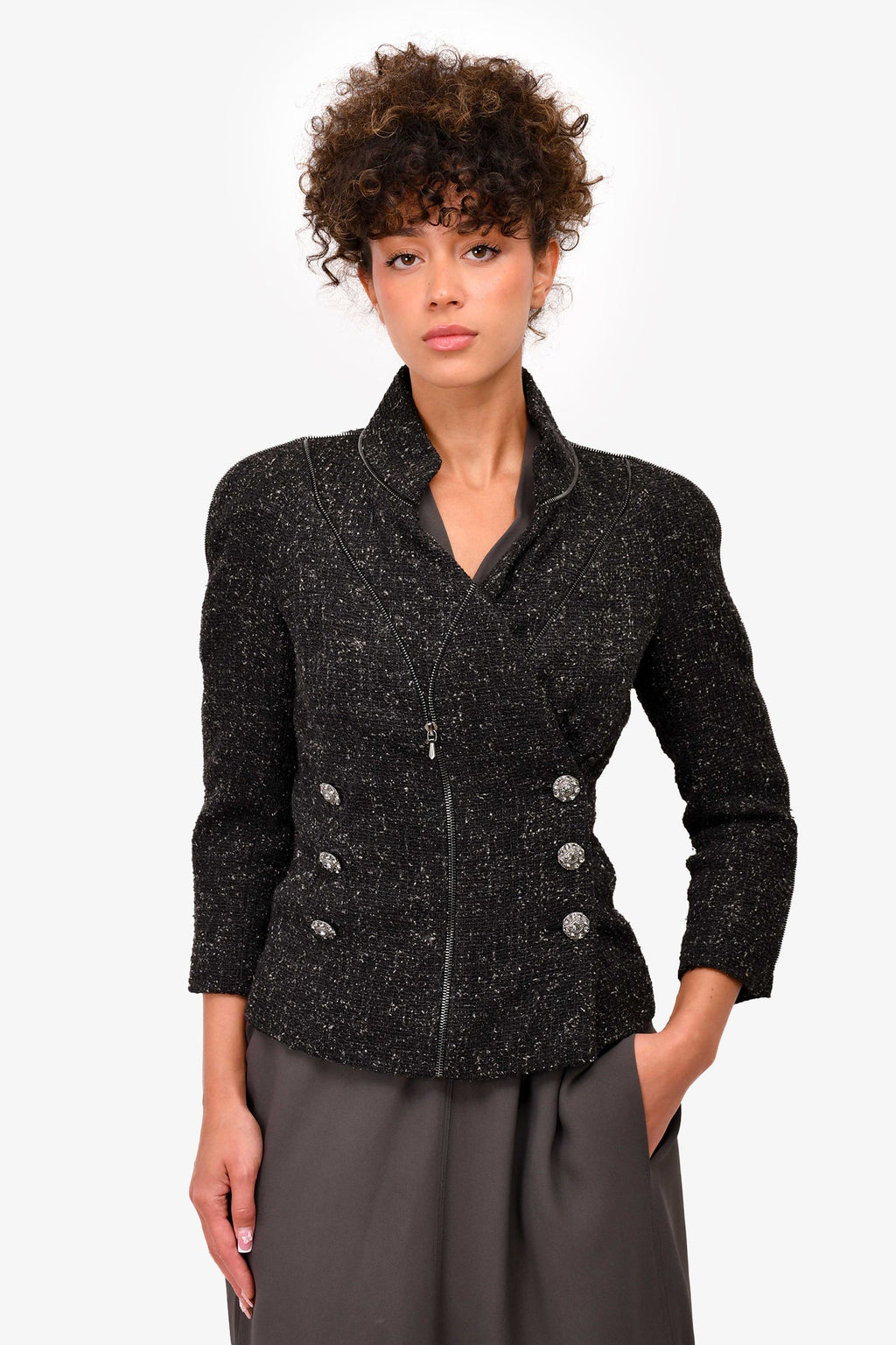 Pre-Loved Chanel™ Black Silk/Tweed Crystal Button Zip-Up Blazer Size 36