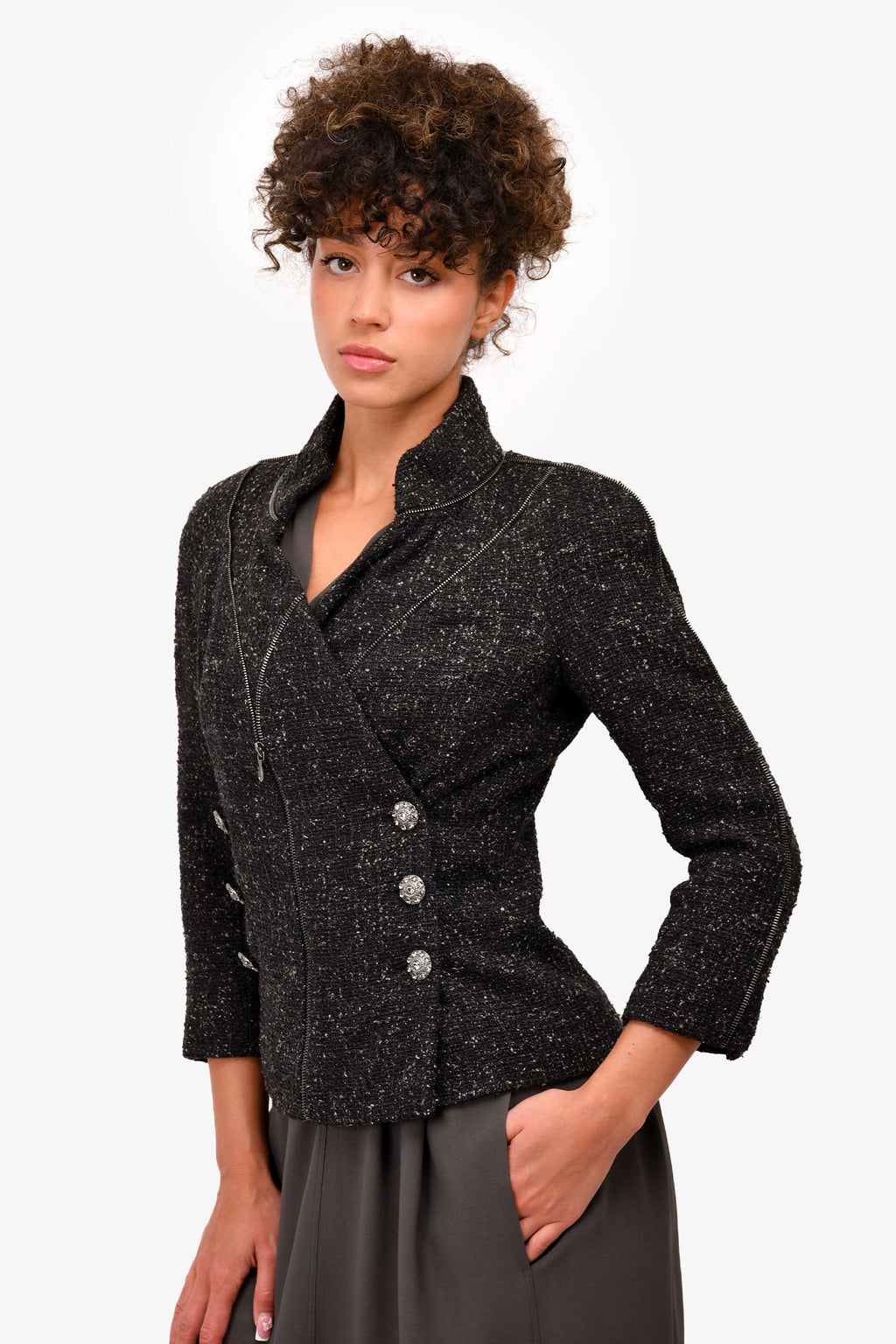 Pre-Loved Chanel™ Black Silk/Tweed Crystal Button Zip-Up Blazer Size 36