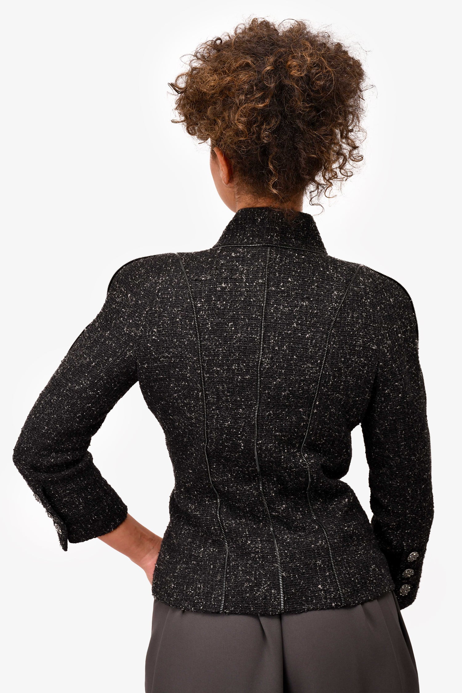 Pre-Loved Chanel™ Black Silk/Tweed Crystal Button Zip-Up Blazer Size 36
