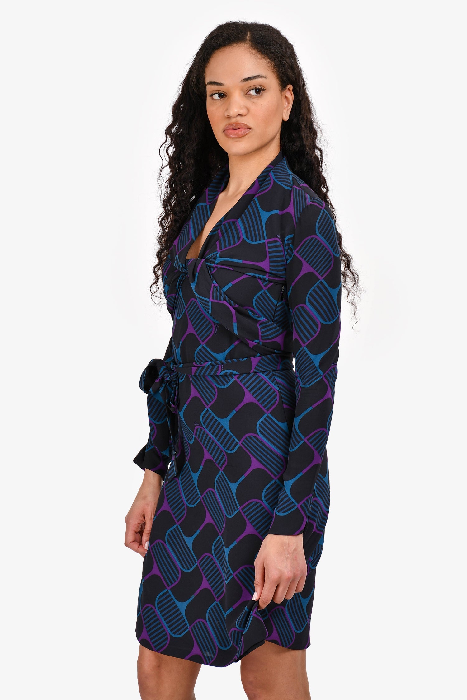 Gucci 2006 Black/Purple/Blue Silk Belted Mini Dress Size 38