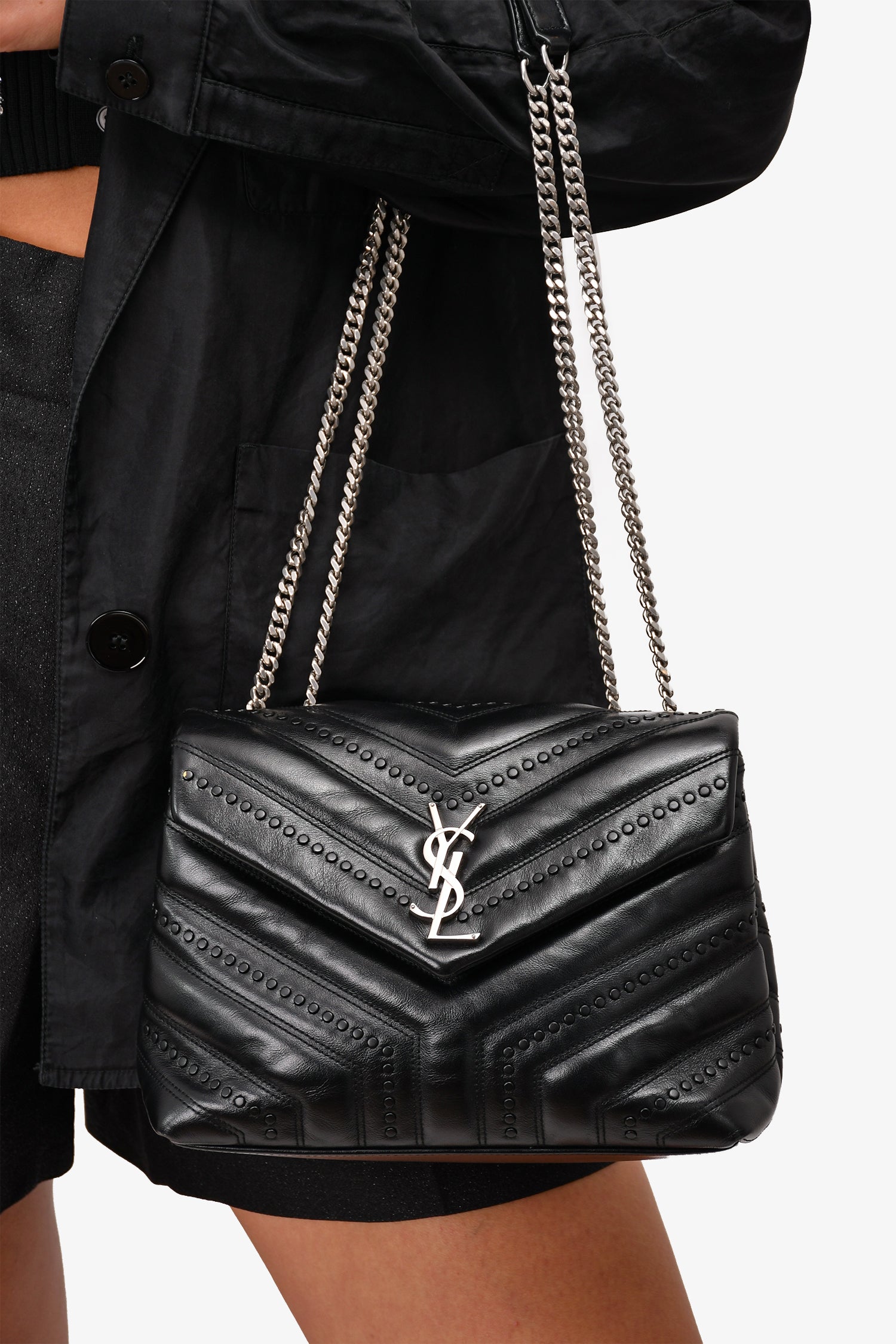 Saint Laurent Black Leather Studded LouLou Shoulder Bag