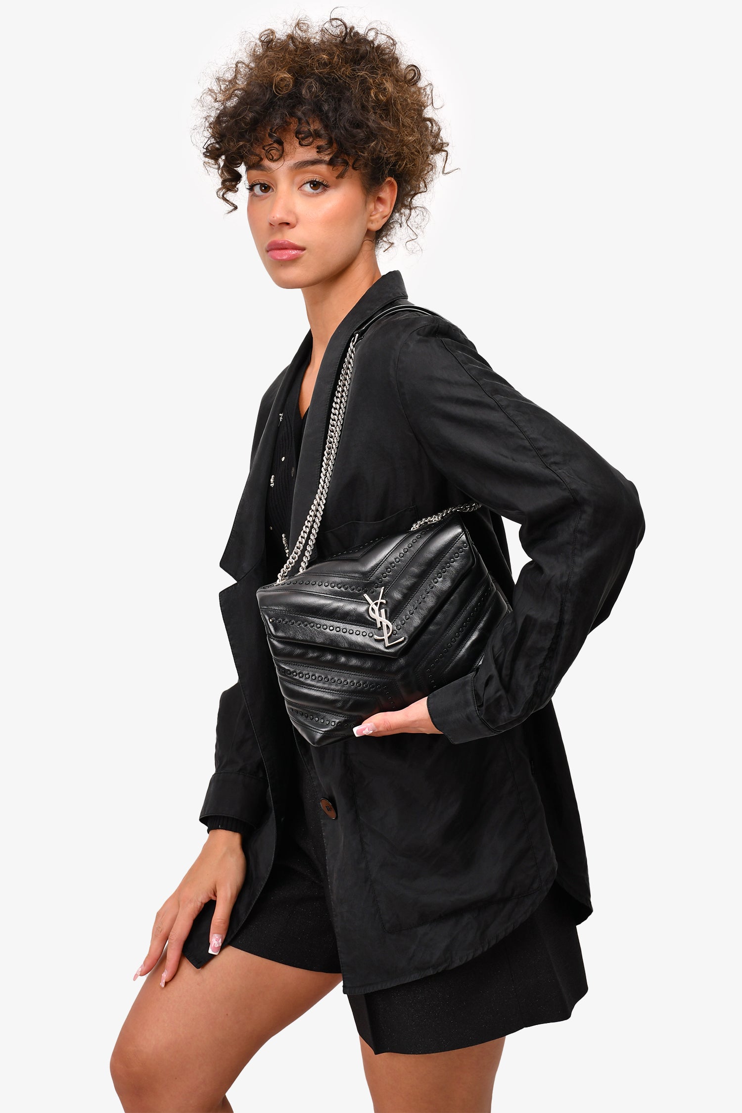 Saint Laurent Black Leather Studded LouLou Shoulder Bag